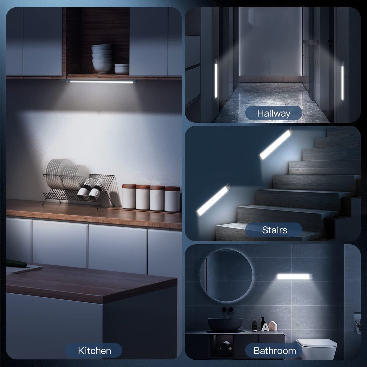 Luces para debajo del gabinete, 40 luces LED recargables con sensor de movimiento para interiores, paquete de 2 luces magnéticas regulables para armario, luces inalámbricas para debajo del mostrador