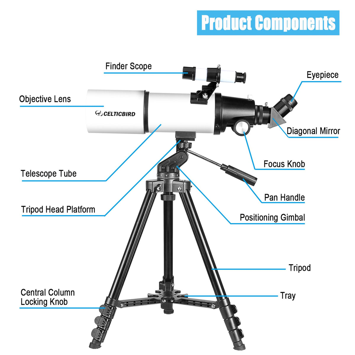 Celticbird Telescopio 80 mm Apertura Telescopio Refractor portátil astronómico Revestimientos de Alta transmisión Totalment (80460)