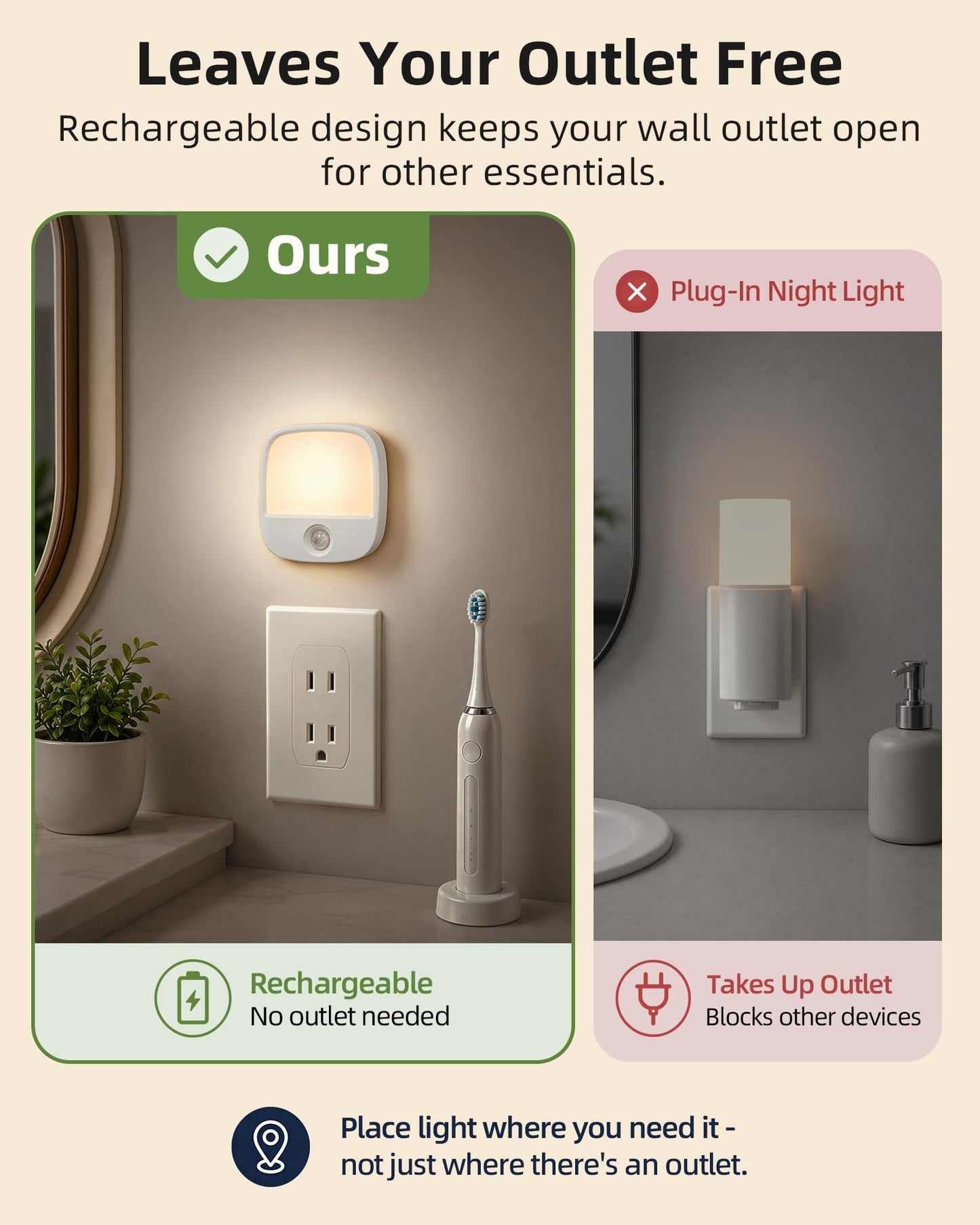 EZVALO - Paquete de 2 luces LED recargables nocturnas con sensor de movimiento, luz nocturna para bebés, luz nocturna de noche de noche de luz blanca cálida regulable para adultos, habitación de niños