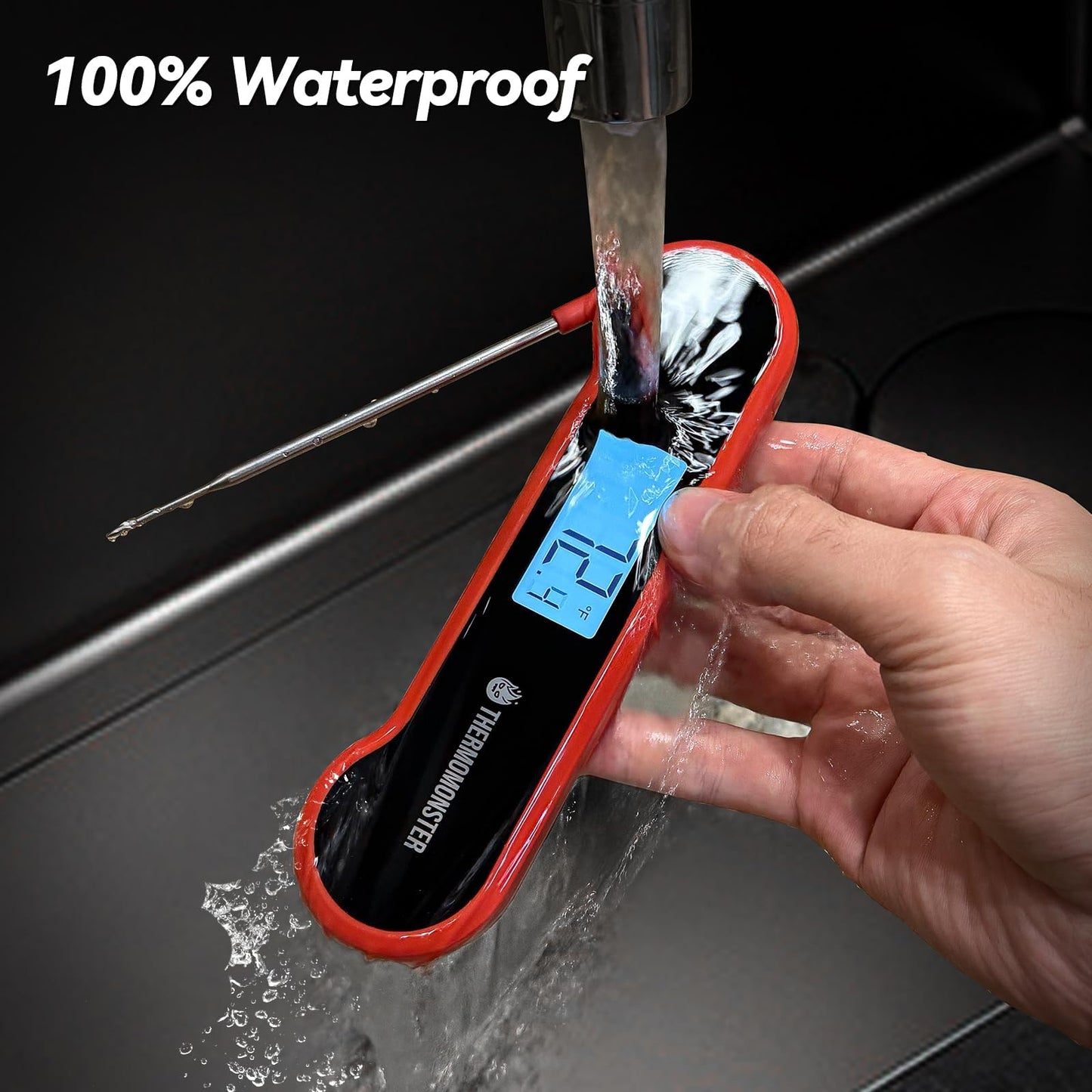 Termómetro digital de lectura instantánea para carne de 0,5 segundos con precisión de ± 0.-15.0 °C, pantalla LCD brillante 100% impermeable, con sensor de movimiento, termómetro de alimentos para