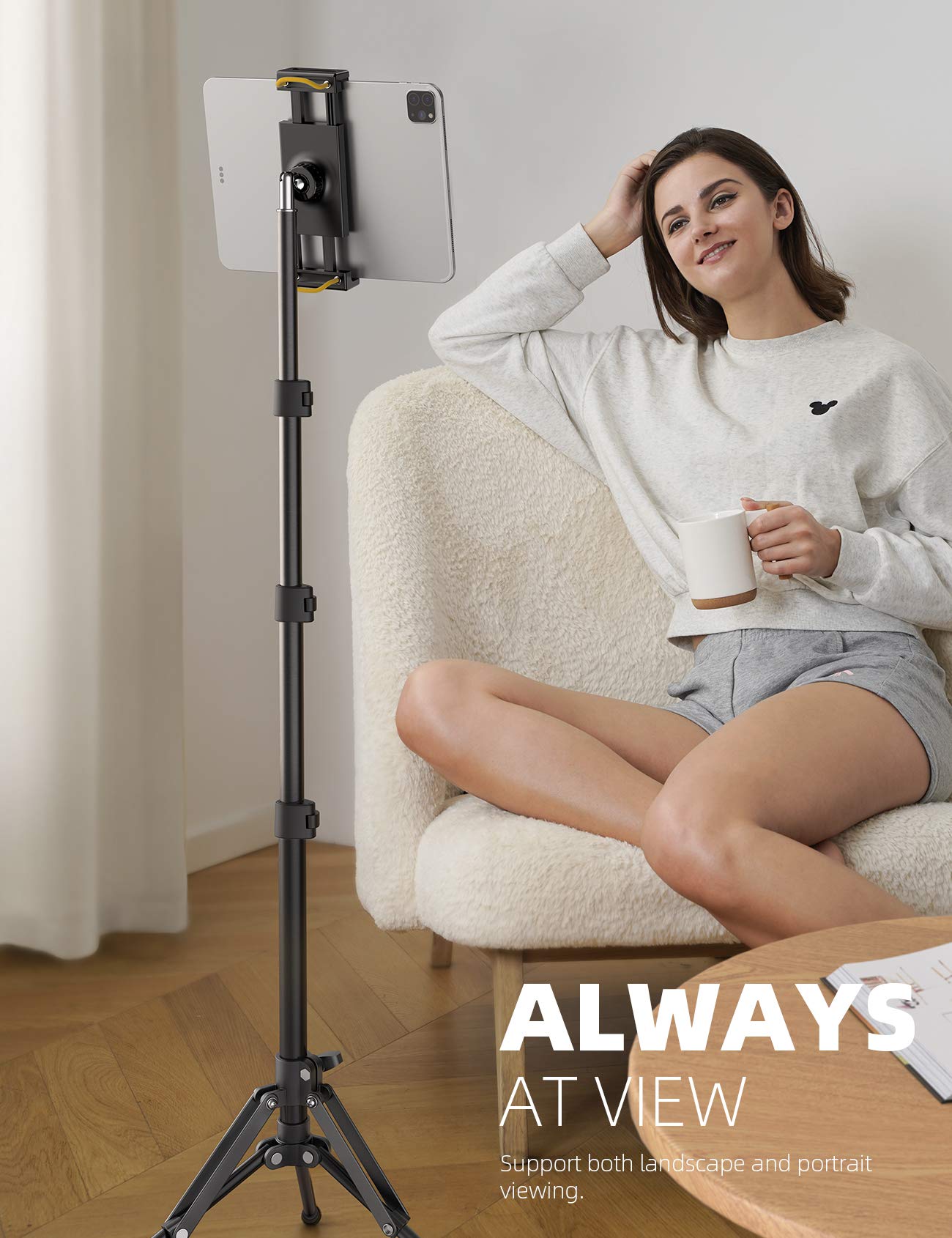 Lamicall Soporte de trípode de suelo para tableta, soporte para tablet de 65 pulgadas con altura ajustable para transmitir/ver con control remoto Bluetooth, para iPad Pro 12.9, Mini, Air, iPhone y