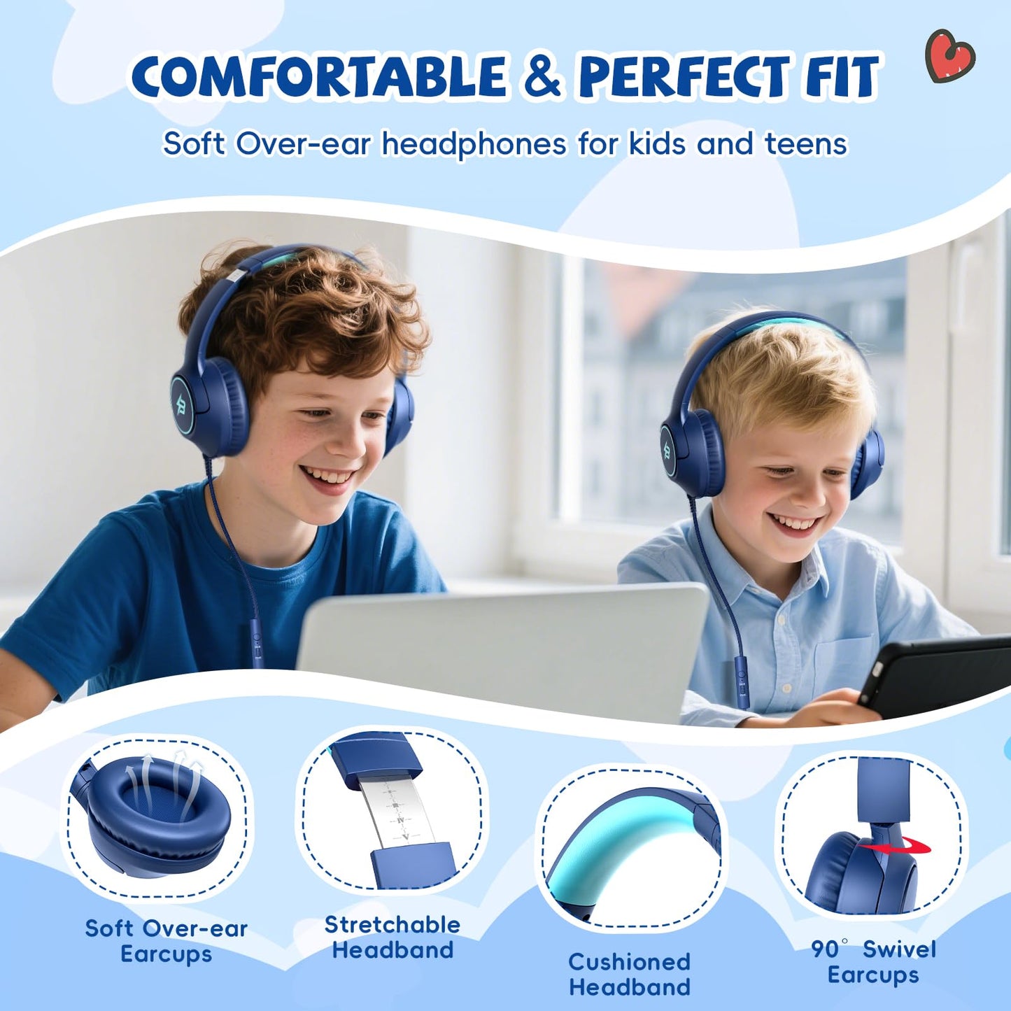 Auriculares para niños con cable para la escuela, límite de volumen de 85/94 dB, auriculares con cable para niños y niñas con micrófono, sonido estéreo, conector de 3,5 mm para Kindle, tablet, viajes