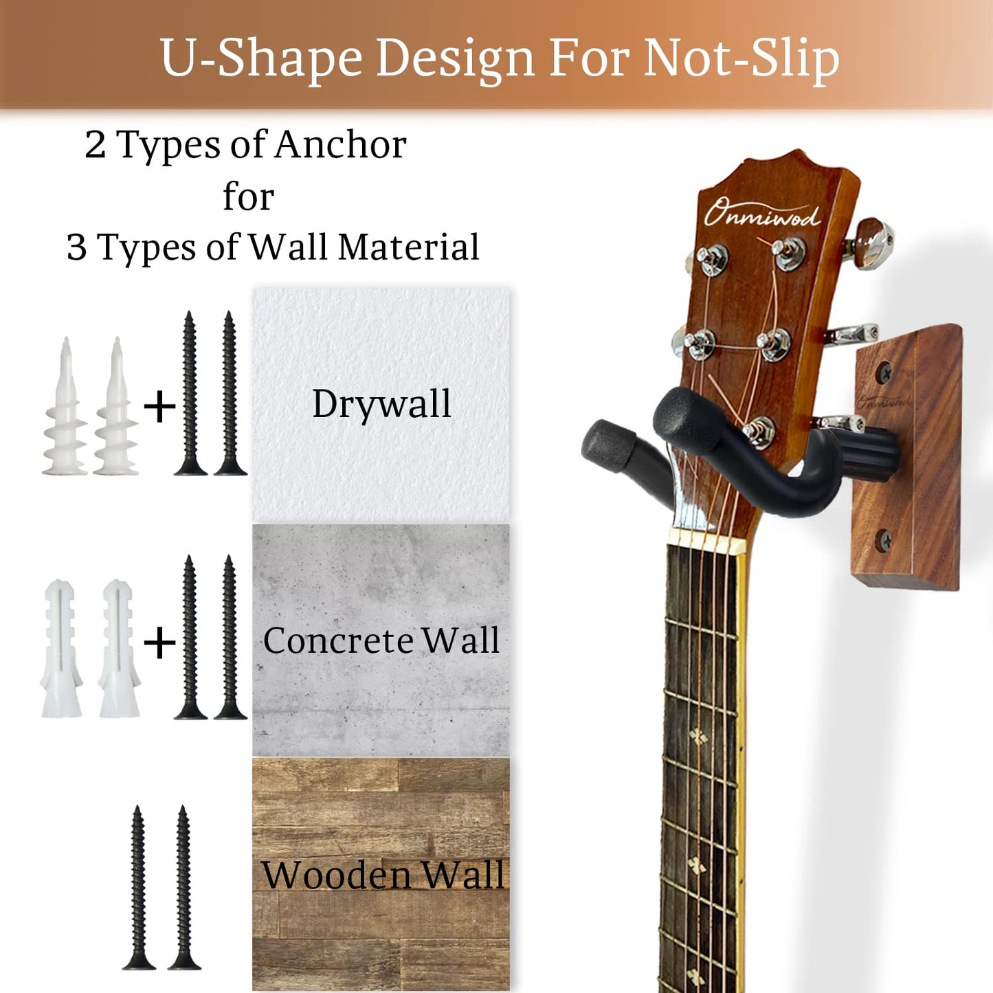 Onmiwod Soporte de pared para guitarra, colgador de madera de nogal negro, soporte de pared para guitarra en forma de U, soporte de pared para guitarra acústica, guitarra eléctrica, banjo, bajo, para