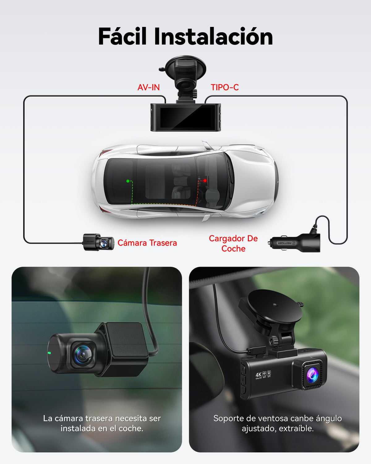 REDTIGER Dashcam 4K/2.5K Delantera y Trasera con STARVIS 2,Pantalla IPS de 3,18 Pulgadas, Tarjeta de 128 GB, WiFi de 5,8 GHz, GPS, WDR Gran Angular de 170°, Admite hasta 256 GB (F7NP)