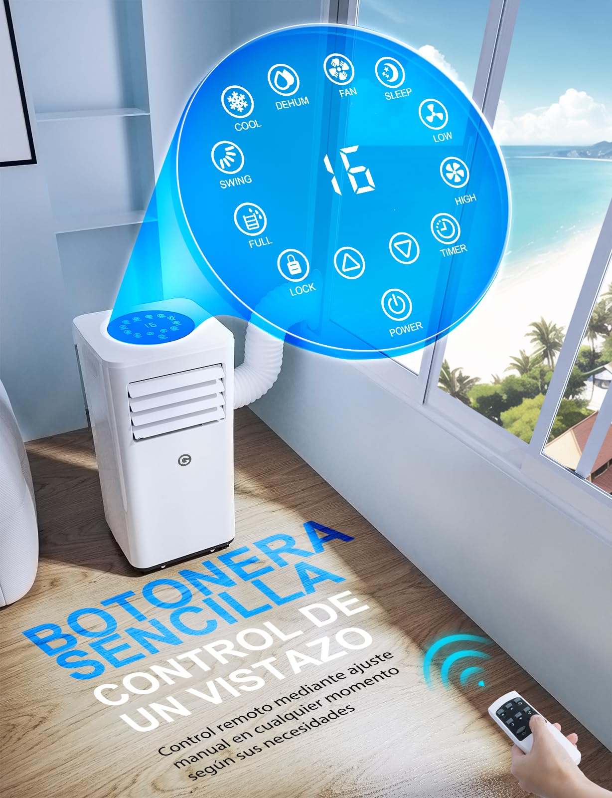 Aire Acondicionado Portátil 9000 BTU, 4 en 1: Refrigeración, Ventilador, Deshumidificador y Modo Sueño, Silencioso, con Mando, Temporizador 24h y Kit de Ventana, para Dormitorio, Oficina, Garaje, 25㎡