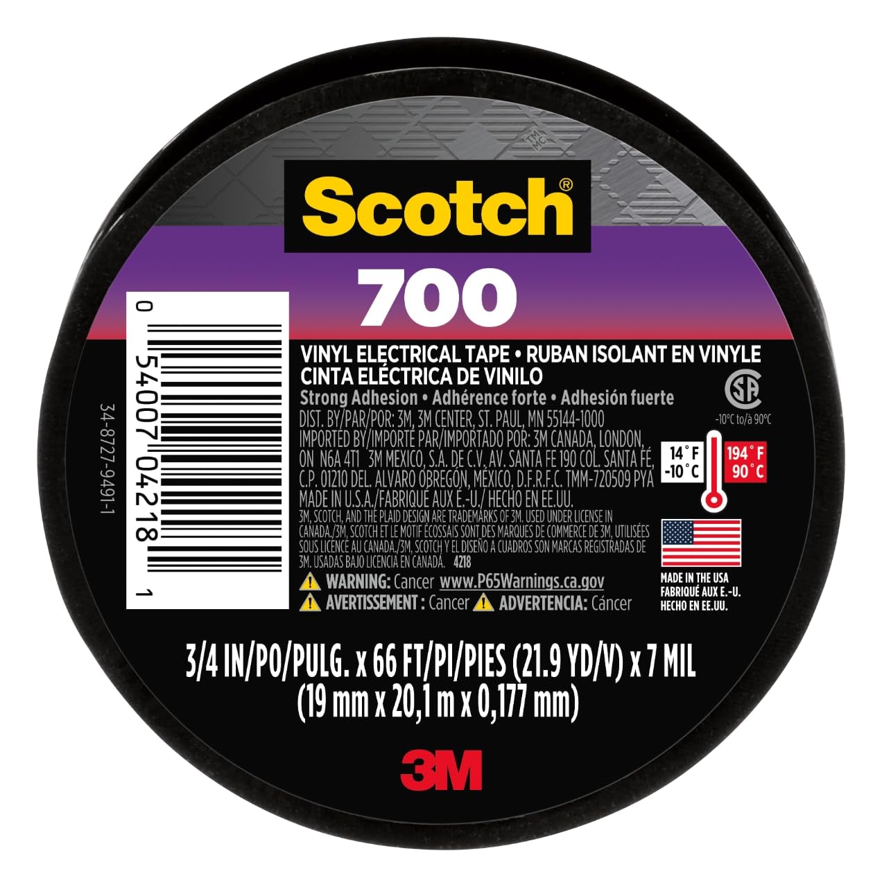 Scotch Cinta eléctrica de vinilo 700, 1 rollo, negro, 3/4 pulgadas x 66 pies, uso general, grado comercial, clasificado para temperaturas de hasta 194 grados, altamente flexible, elástica y