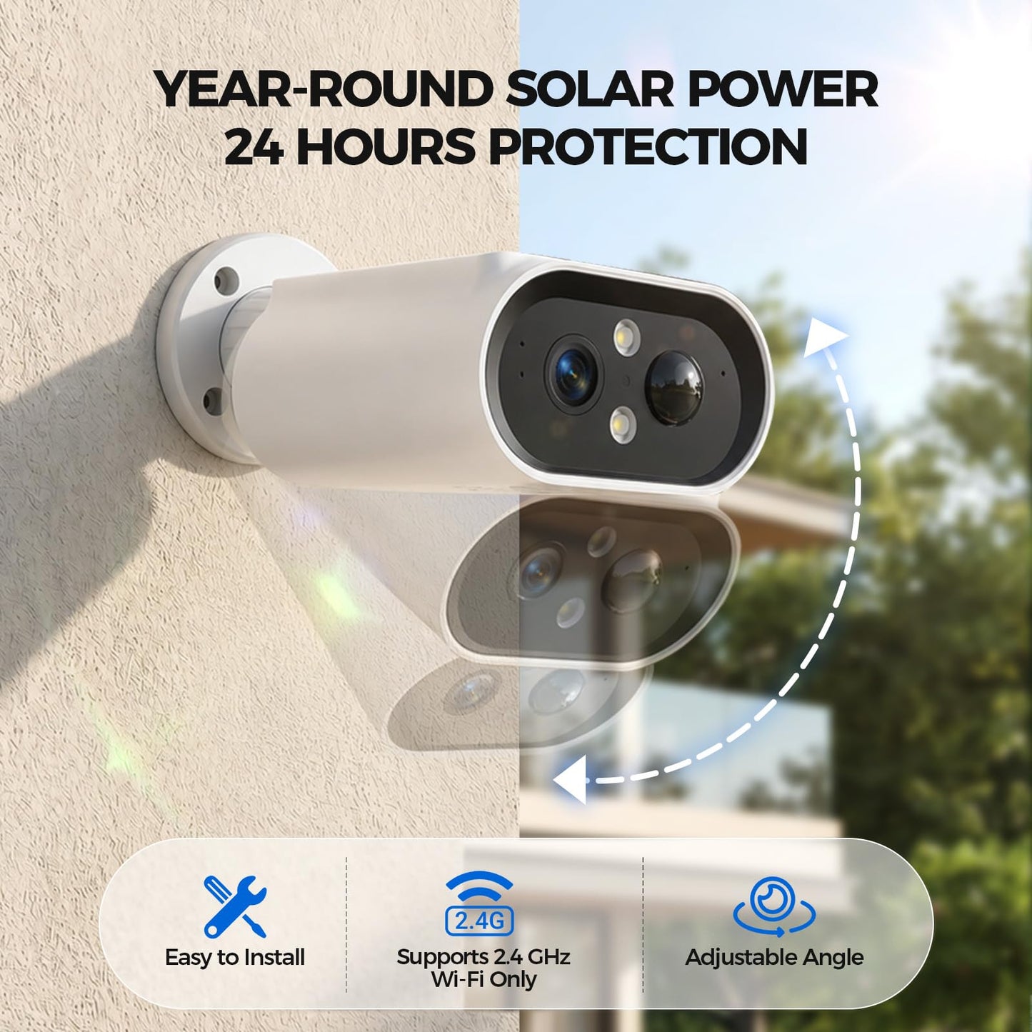 AlkiVision Cámaras de seguridad solares inalámbricas para exteriores, cámaras de visión nocturna a color 2K para seguridad del hogar, detección de movimiento IA, visión de 360°, foco, audio