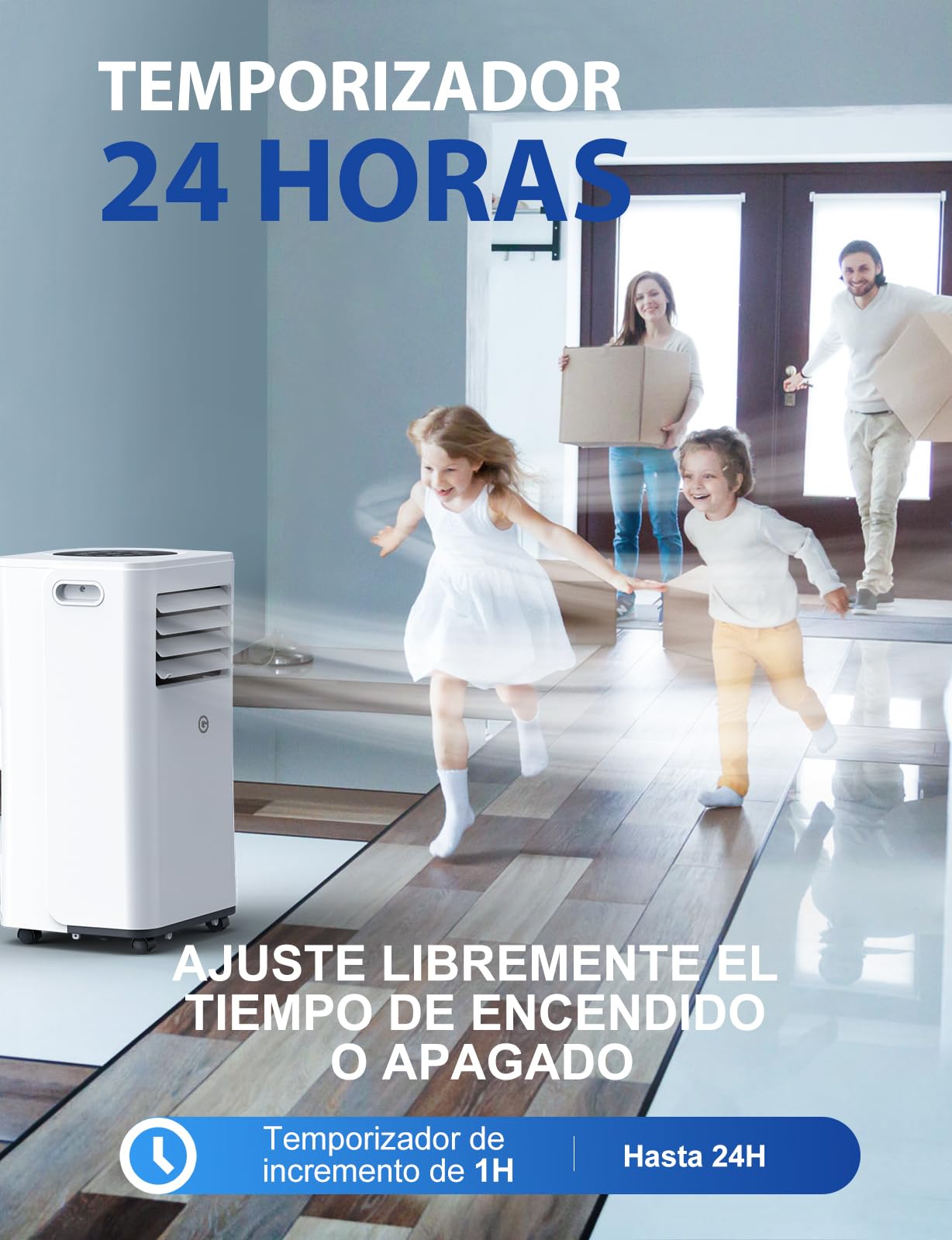 Aire Acondicionado Portátil 9000 BTU, 4 en 1: Refrigeración, Ventilador, Deshumidificador y Modo Sueño, Silencioso, con Mando, Temporizador 24h y Kit de Ventana, para Dormitorio, Oficina, Garaje, 25㎡