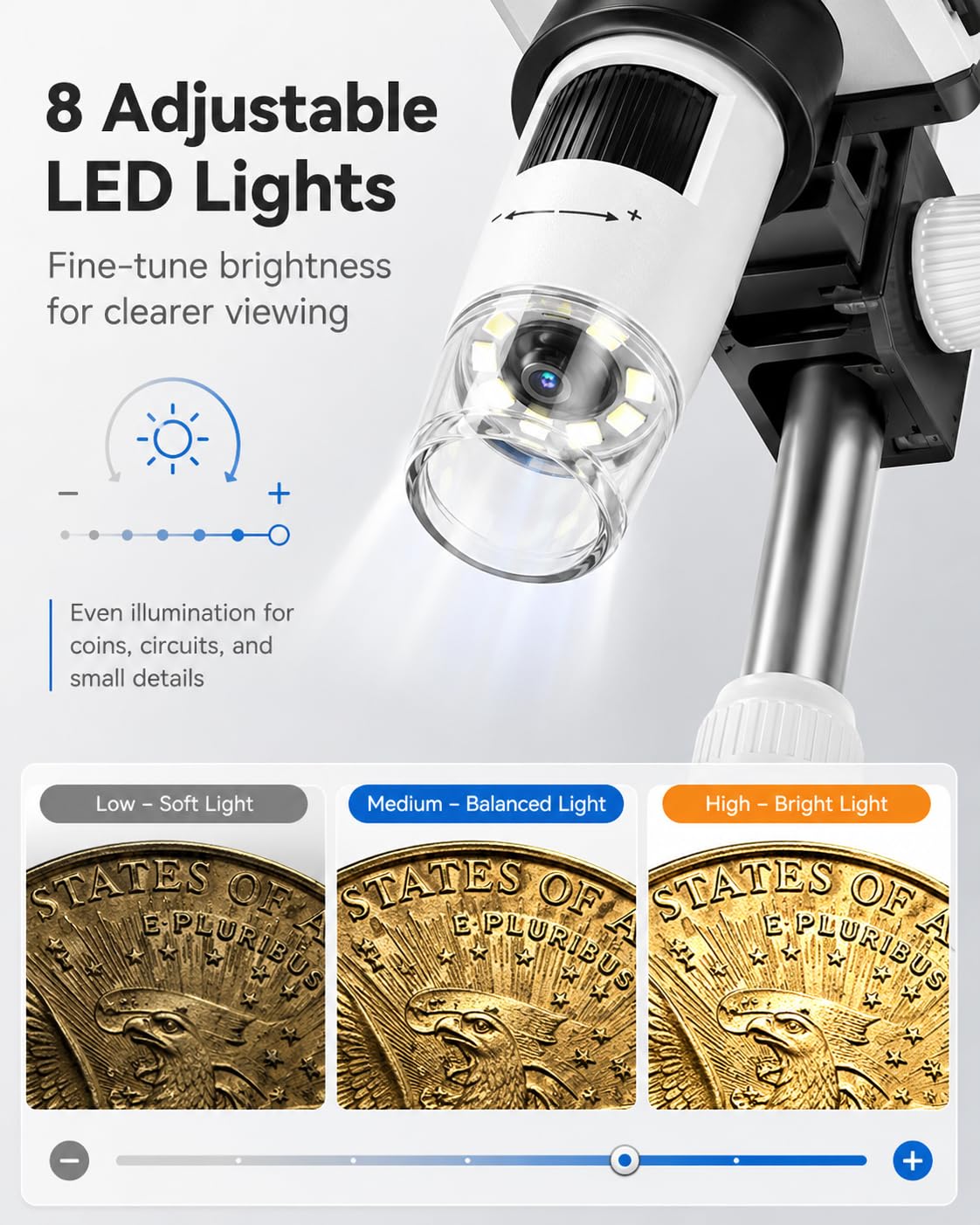 Microscopio Digital Electrónico portátil de 4.3 Pulgadas 1080P con 8 Luces LED Ajustables, Profesional para niños/Adultos 50-1000X, Vista de PC, Compatible con Windows MacOS