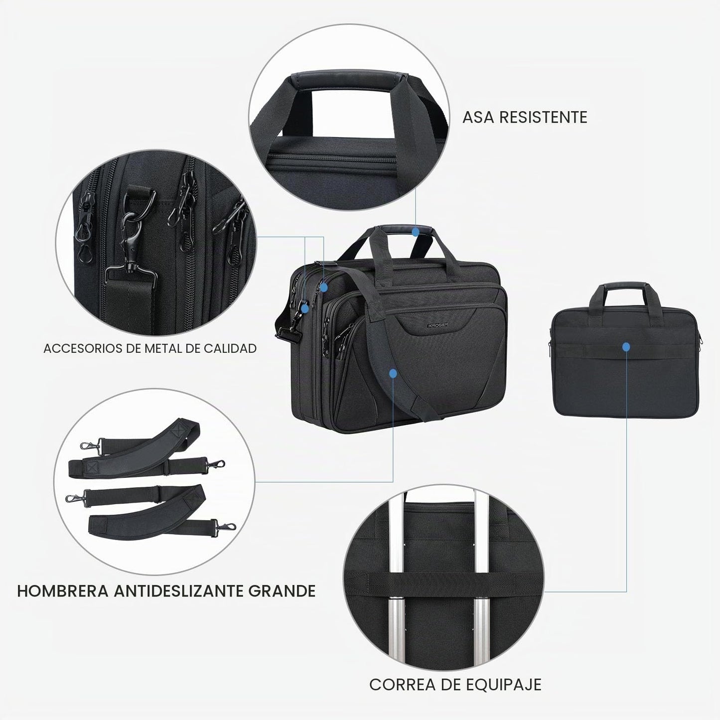 KROSER 18" Bandolera para Portátil Maletín Premium para Laptop hasta 17.3" Expandible Hidrófugo Bolsa del Hombro Bolsa de Computadora para Viajes/Negocios/Escuela/Hombres/Mujeres-Negro