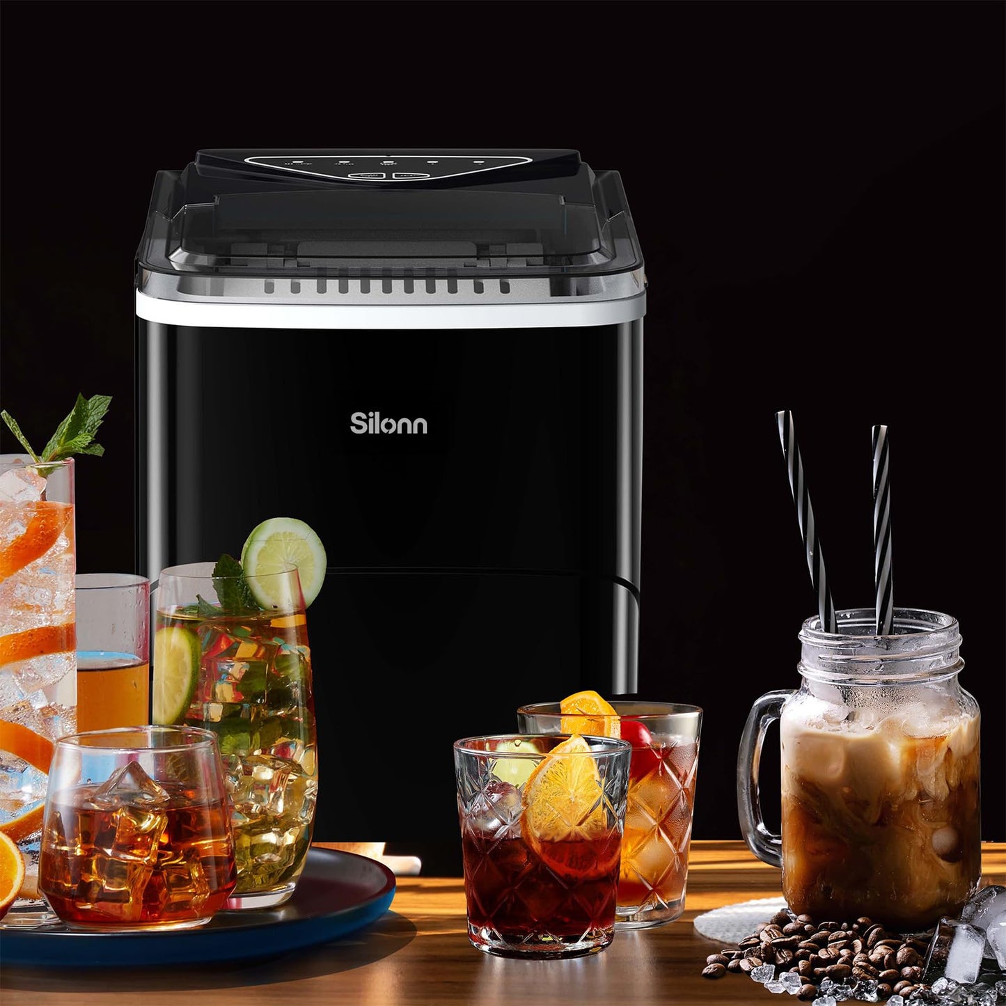 Silonn Encimera de máquina de hielo 9 cubos listos en 6 minutos, 11 kg en 24 horas, máquina de hielo autolimpiable con pala de hielo y cesta, 2 tamaños de Bullet Ice para el hogar, cocina, oficina,