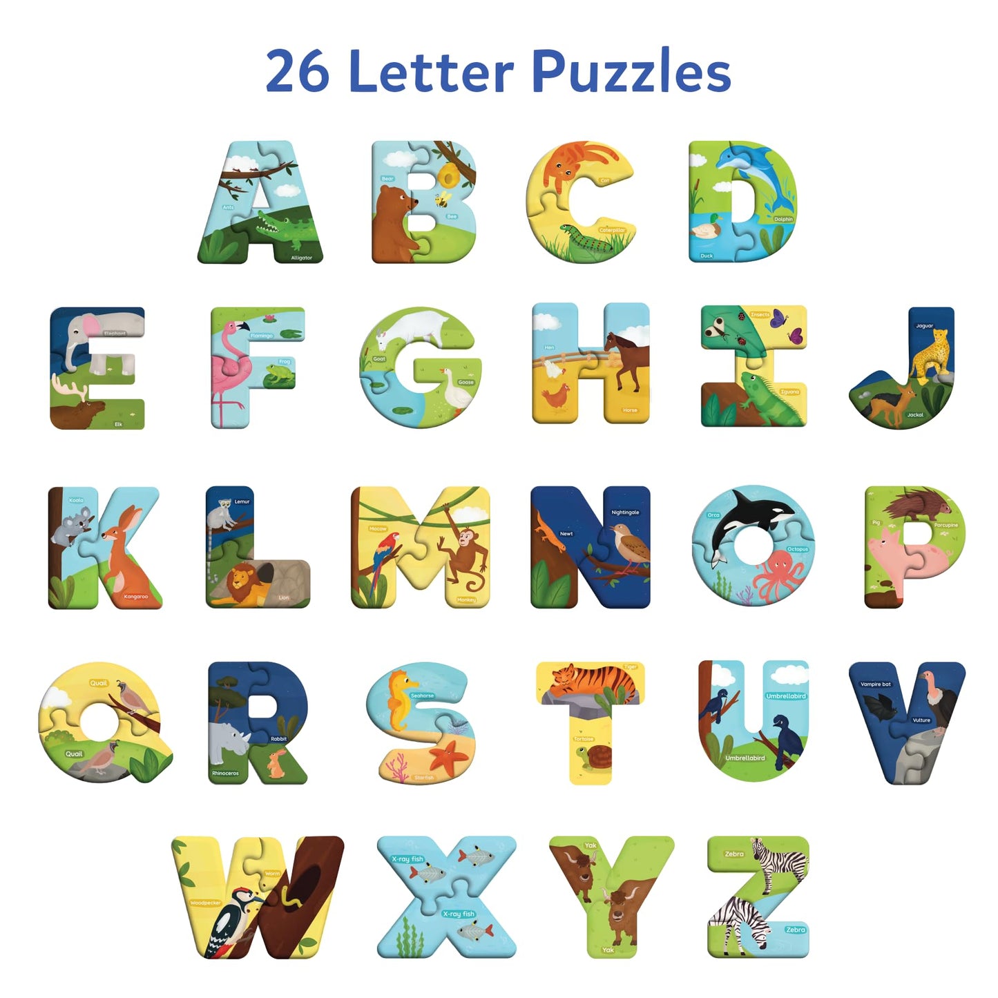 Skillmatics Rompecabezas de alfabeto de animales, rompecabezas de 52 piezas para niños pequeños, preescolares, juguete educativo para aprender ABC y letras, regalos para niños y niñas de 3, 4, 5, 6