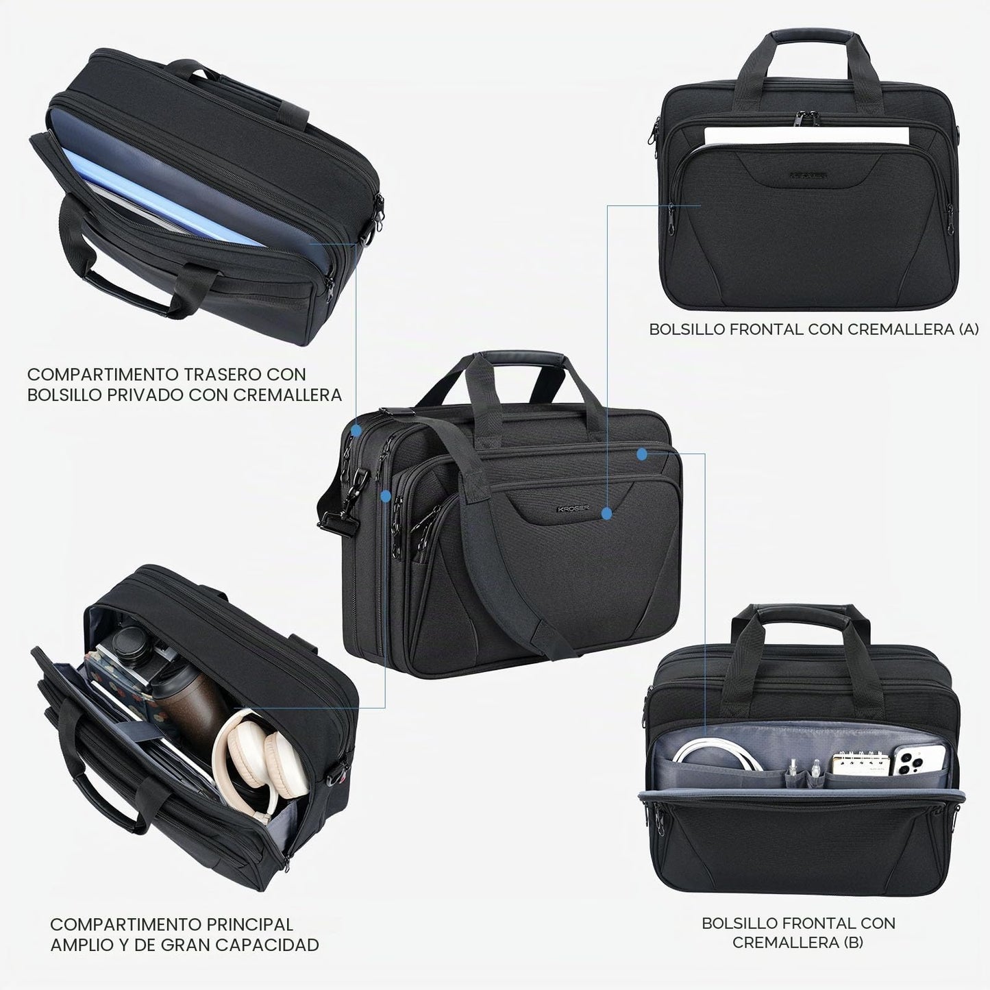 KROSER 18" Bandolera para Portátil Maletín Premium para Laptop hasta 17.3" Expandible Hidrófugo Bolsa del Hombro Bolsa de Computadora para Viajes/Negocios/Escuela/Hombres/Mujeres-Negro