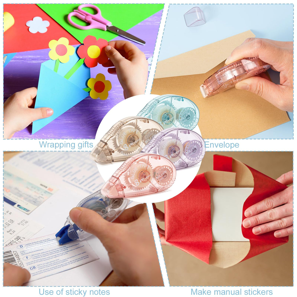 Paquete de 4 rodillos de cinta adhesiva de doble cara, suministros para álbumes de recortes, rodillo de cinta adhesiva para manualidades, camino de cinta adhesiva de doble cara para álbumes de