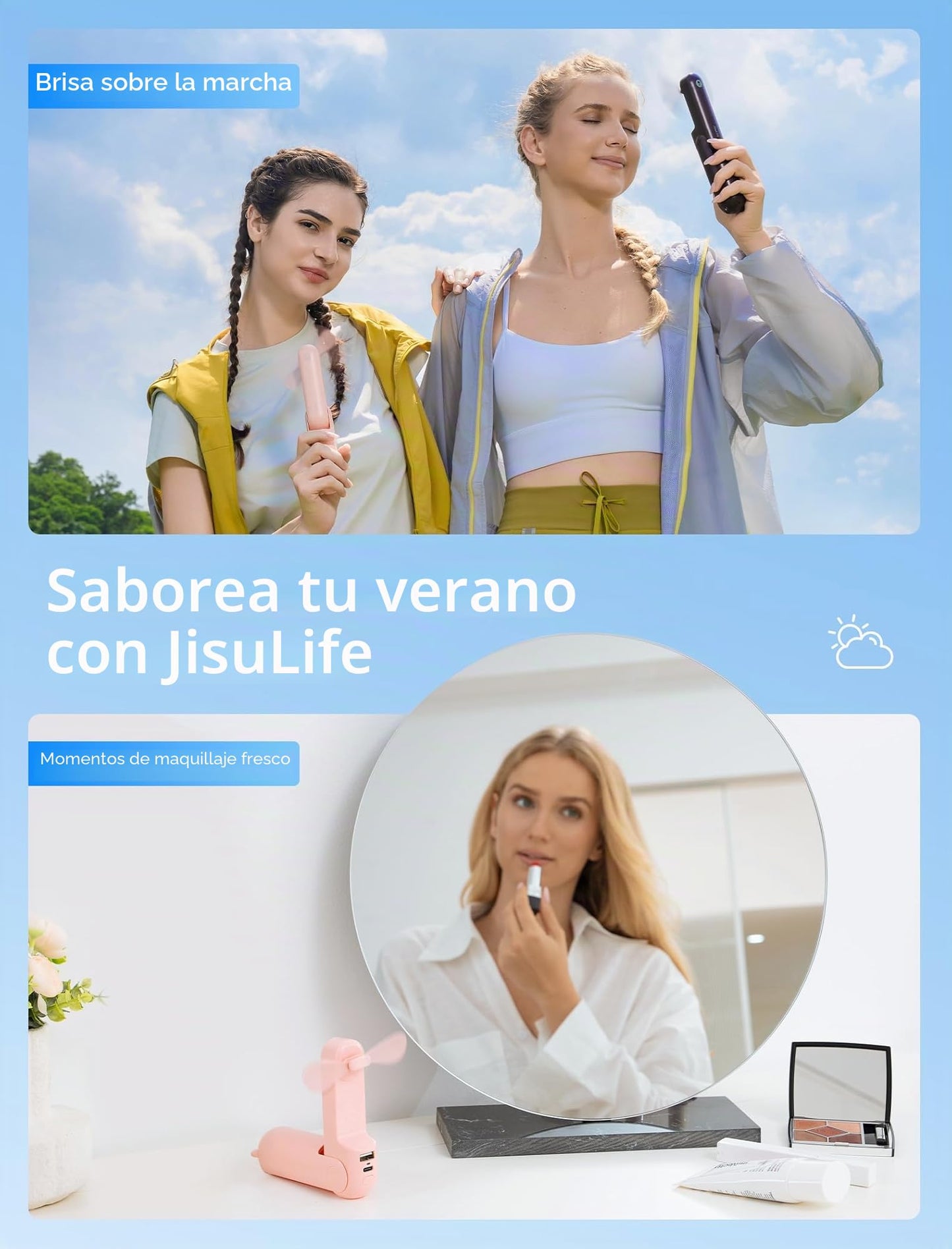 Jesir 14-22 horas de trabajo recargable ventilador de mano con tamaño de bolsillo, 2000 mAh Power Bank, funciona con batería o ventilador personal plegabl
