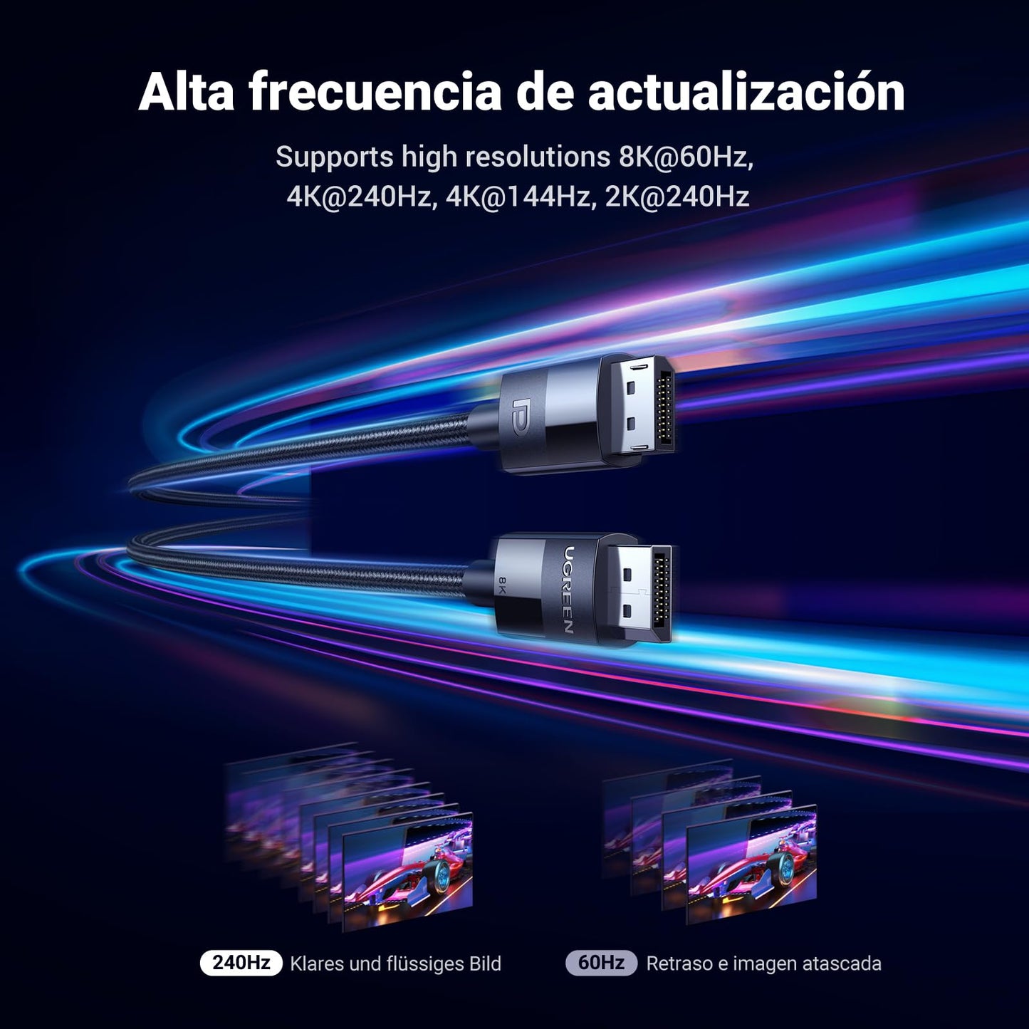 UGREEN Cable DisplayPort 1.4, 8K 60Hz UHD DP Soporte 4K 144Hz 2K 165Hz Freesync G-Sync HDR 3D Alta Velocidad 32.4Gbps, Compatible con Tarjeta Gráfica TV Monitor, 3Metros