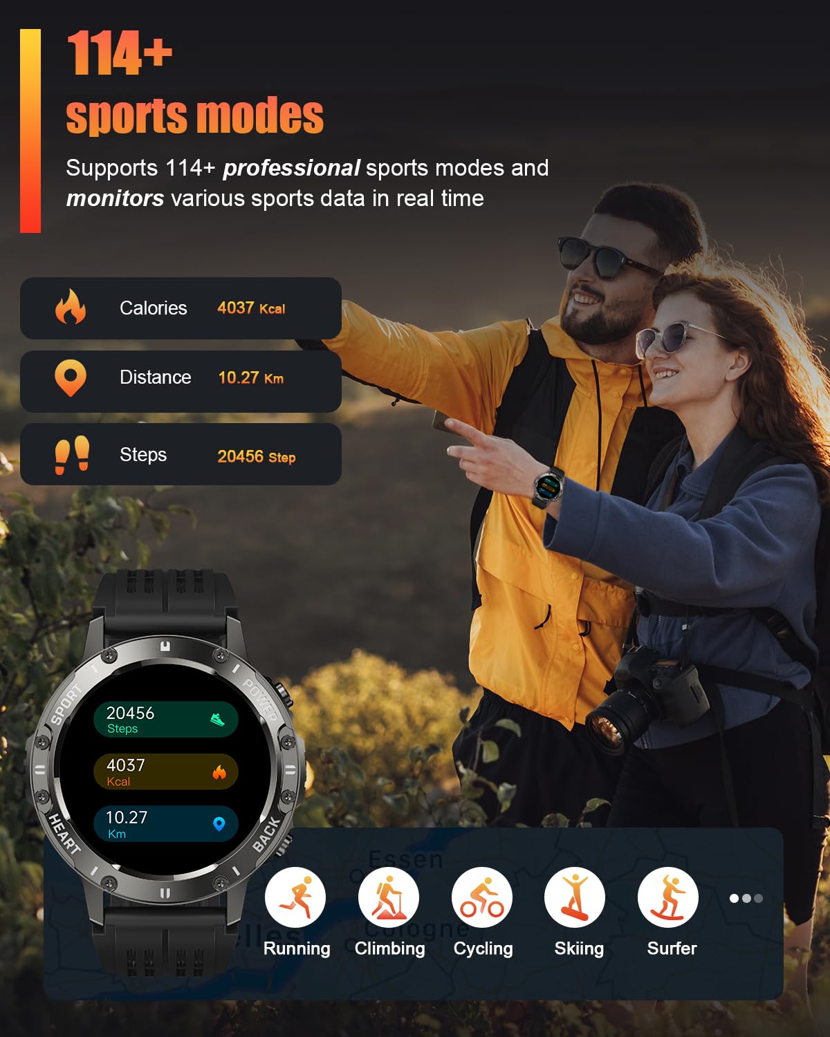 TIMU Reloj Inteligente Hombre Militar, 1.39" HD Smartwatch Hombre con Llamadas BT 5.3, 114+ Modos Deportivos, 24/7 Monitor de Sueño/Podómetro/Pulsómetro,