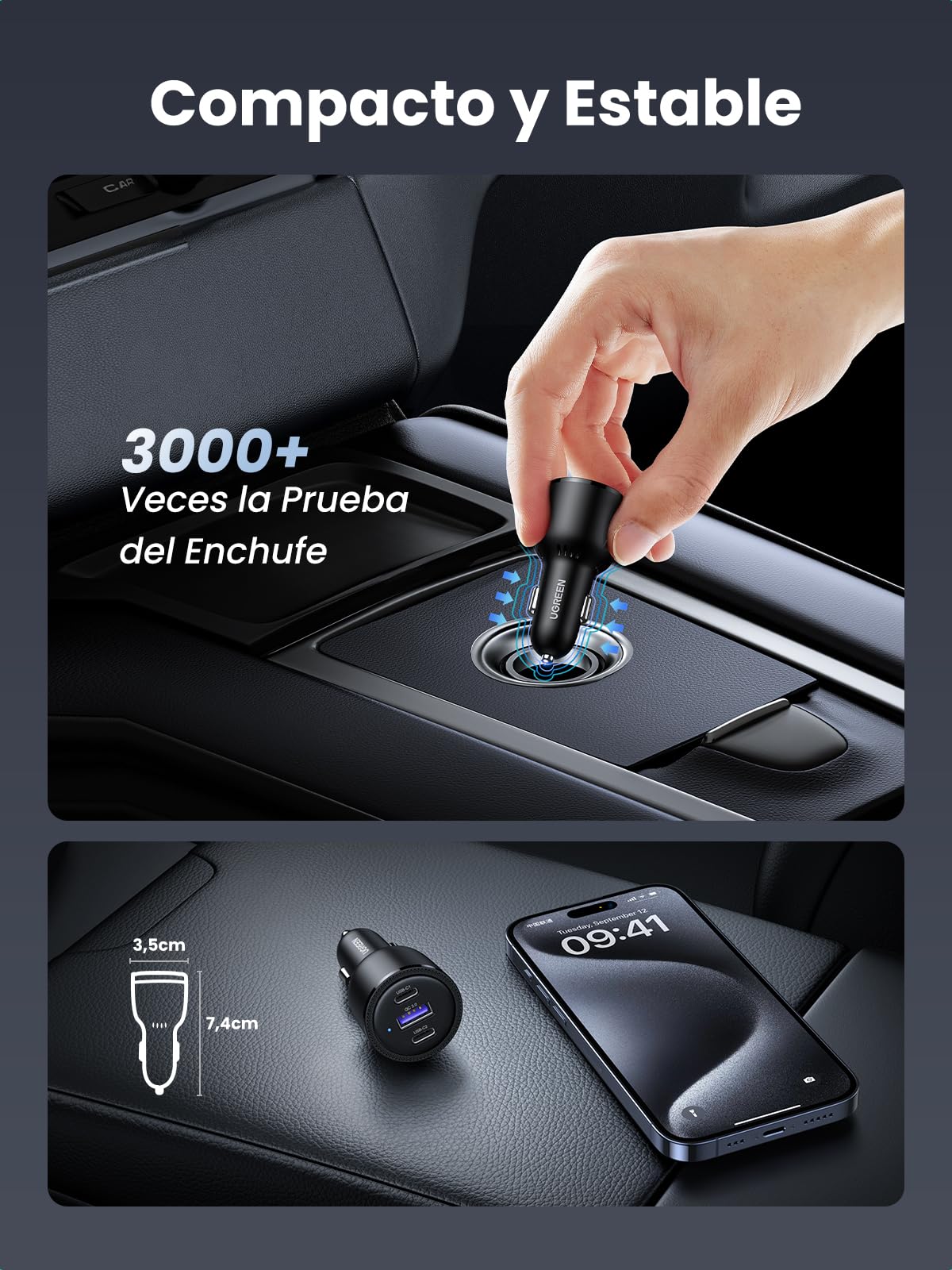 UGREEN - Cargador de Coche USB C rápido PD QC 3.0, 69 W, Cargador para Encendedor de Cigarrillos, USB C, 65 W, 45 W, 30 W, Compatible con MacBook Pro Air iPad Pro Steam Deck iPhone 15 Pro MAX 14 13
