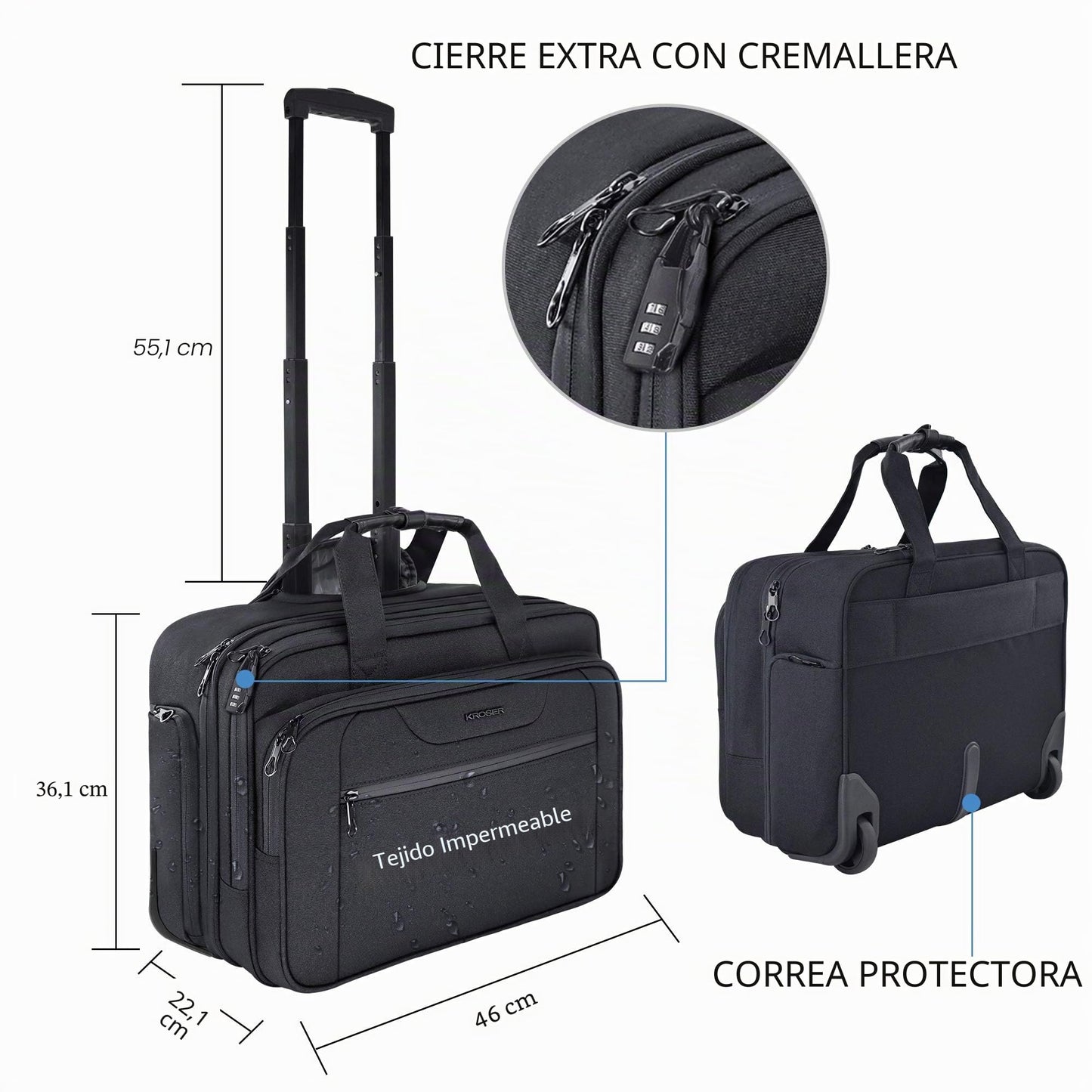 KROSER Maletín para Portátil con Ruedas Bolsa Premium Impermeable para Computadora hasta 17.3´´ Bolsa Hidrófugo Durante la Noche con Bolsillos RFID para Hombres/Mujeres-Negro