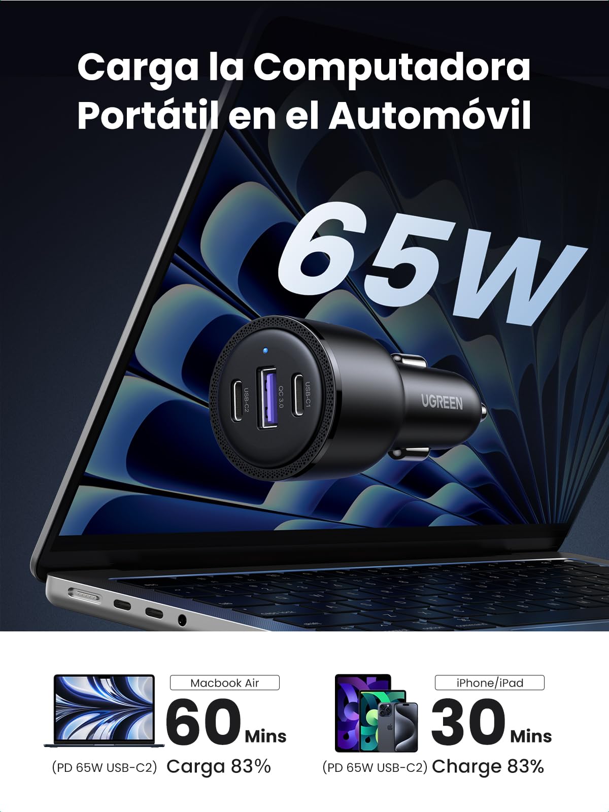 UGREEN - Cargador de Coche USB C rápido PD QC 3.0, 69 W, Cargador para Encendedor de Cigarrillos, USB C, 65 W, 45 W, 30 W, Compatible con MacBook Pro Air iPad Pro Steam Deck iPhone 15 Pro MAX 14 13