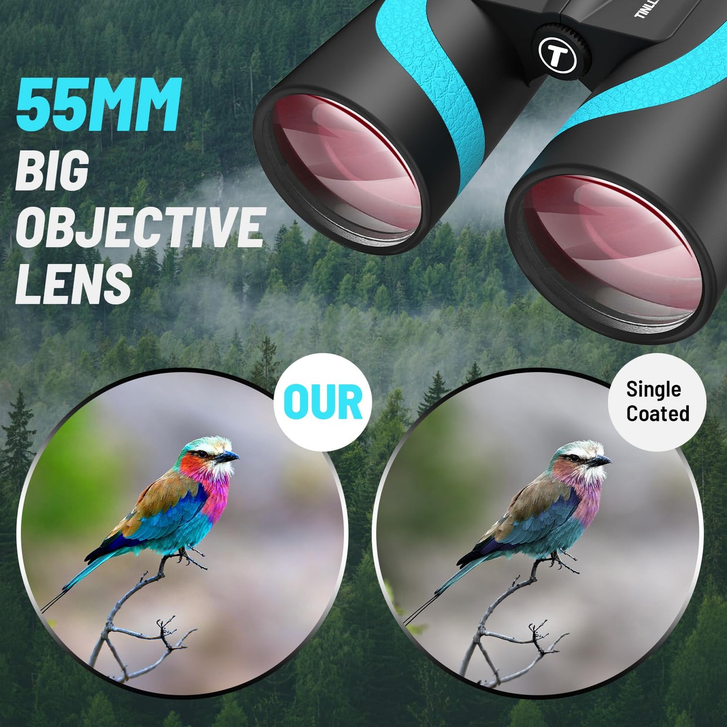 Prismáticos HD de 15 x 55 pulgadas para adultos, prismáticos de gran potencia, prismáticos impermeables BAK4, prismáticos ligeros para observación de aves, senderismo, viajes, crucero, con adaptador