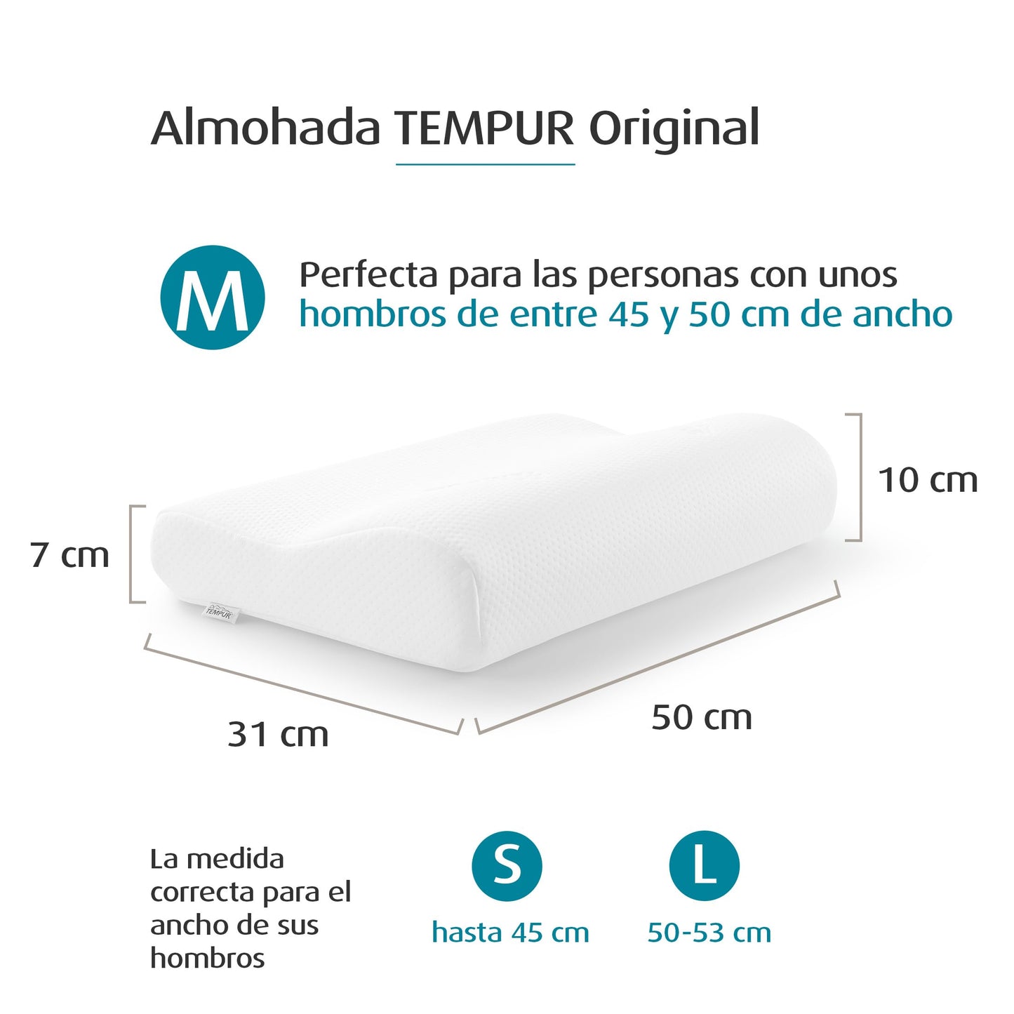 TEMPUR Original Almohada cervical viscoelástica, almohada ergonómica para dormir boca arriba y de lado, Sensación inicial firme, M (50 x 31 x 10/7 cm)
