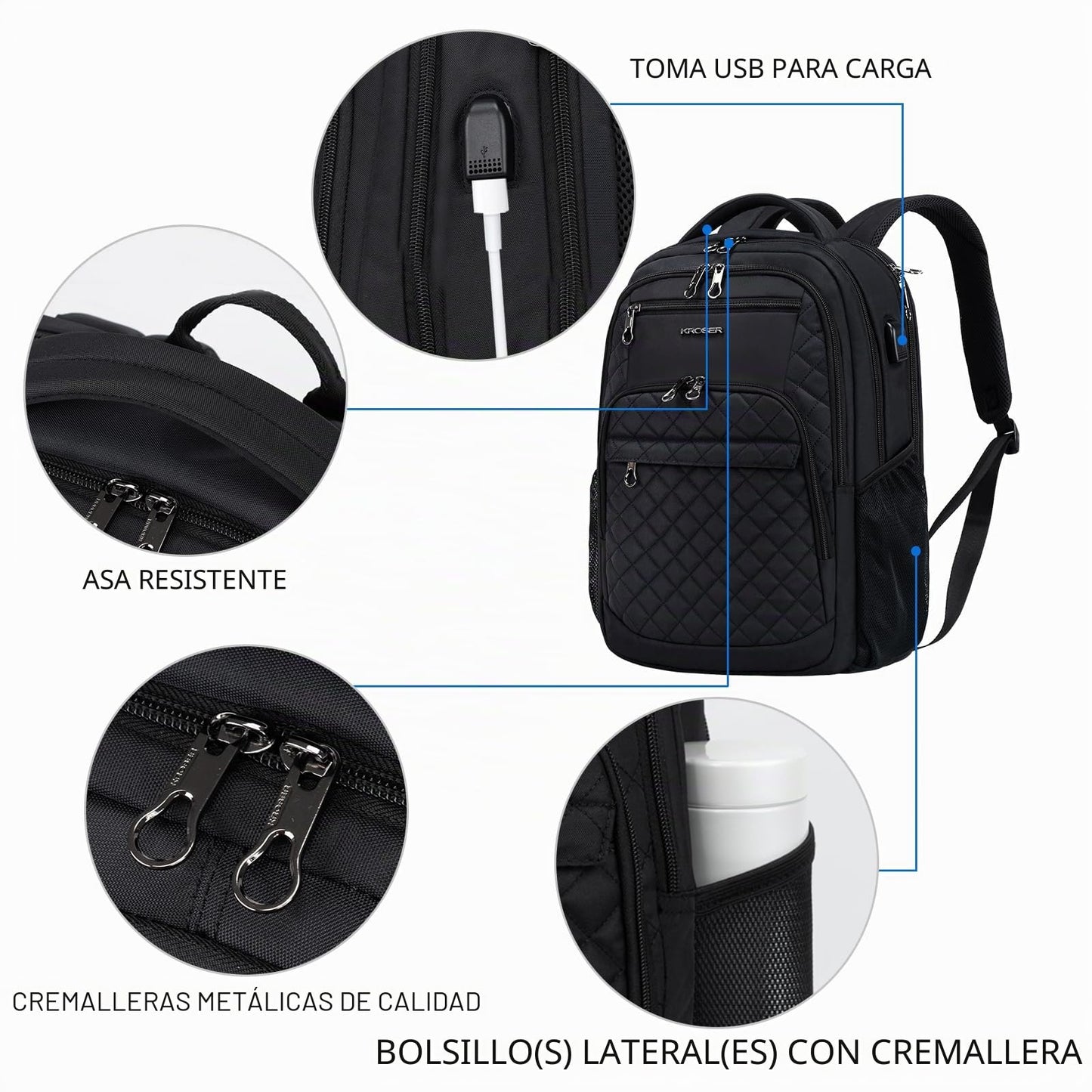 KROSER Mochila de viaje para portátil, Acolchado, negro, 43,18 cm, Mochilas Daypack