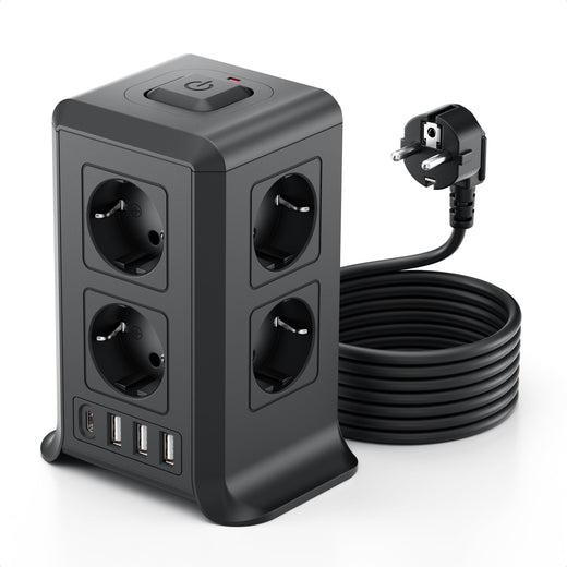 Torre Regletas Enchufes, Regleta USB 8 Tomas de AC y 4 USB Enchufe Multiple,Regleta Enchufes Proteccion Sobretension, 2 M Regreltas Vertical con Interruptor para Mesa, Oficia, Casa, Negro