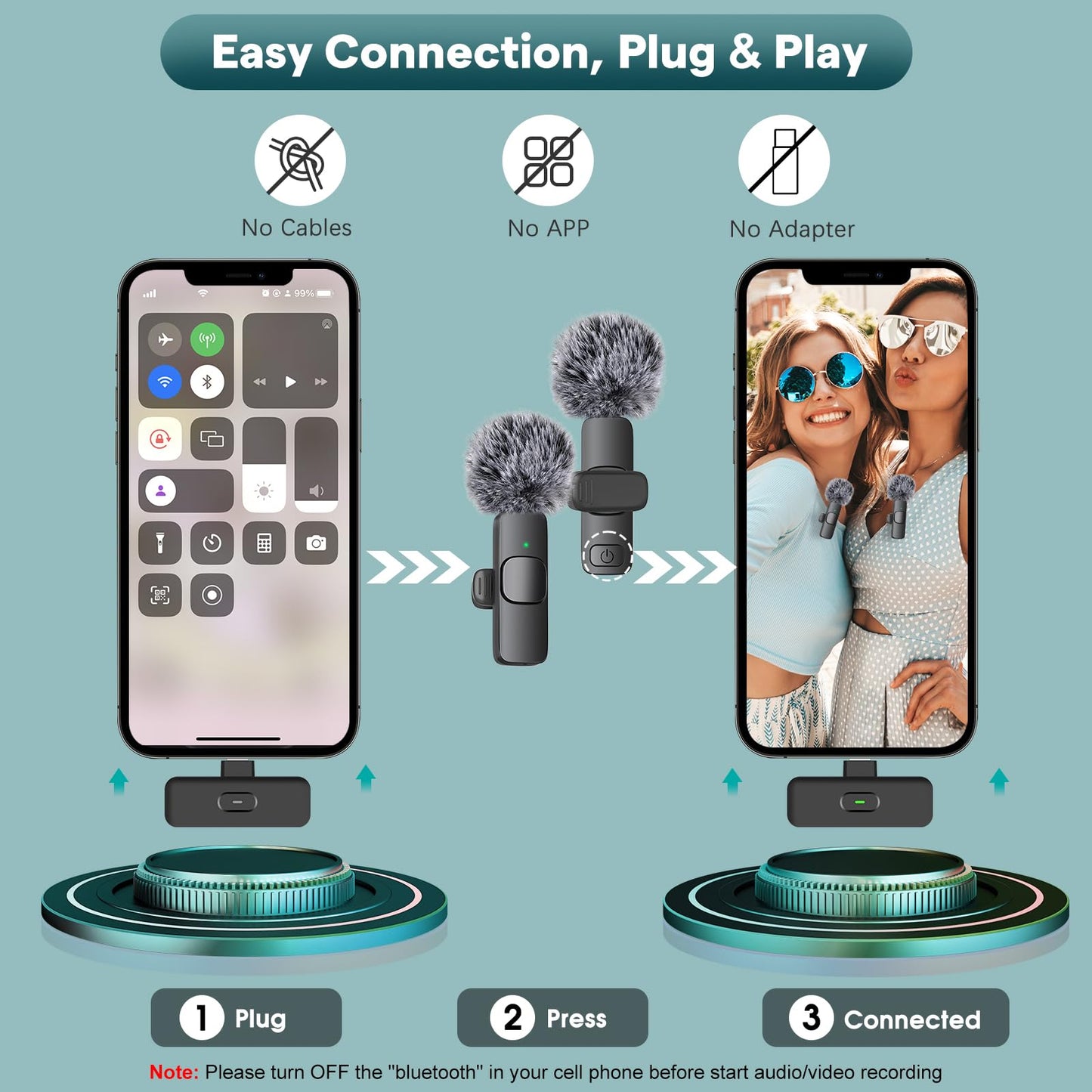 MAYBESTA Mini micrófono inalámbrico para iPhone, teléfono Android, micrófono de solapa Bluetooth para grabación de audio y video, micrófonos de creación de contenido con clip para YouTube Tiktok