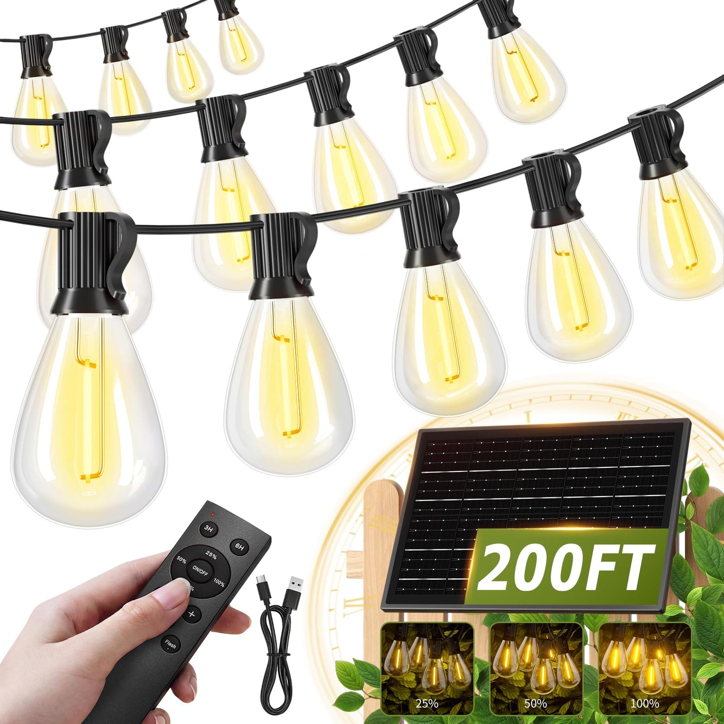 Amzrap Guirnalda de luces solares de 200 pies para exteriores, impermeable, 72 + 2 bombillas LED, funciona con energía solar con control remoto y puerto USB, 3 modos de luz, regulables, conectables