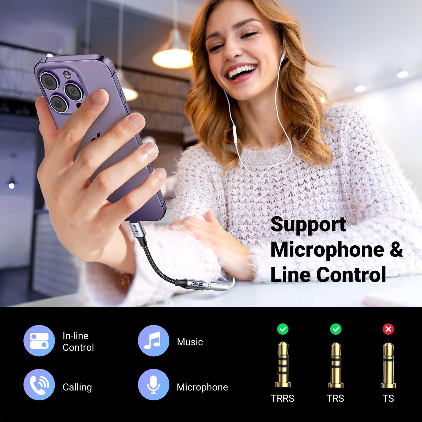 UGREEN - Adaptador de Auriculares para Apple, MFi Certificado iPhone Lightning a Conector de 3,5 mm para iPhone 12 Mini 12 Pro MAX 11 Pro MAX X XR XS, iPhone 7 7P 8 8P (Gris)