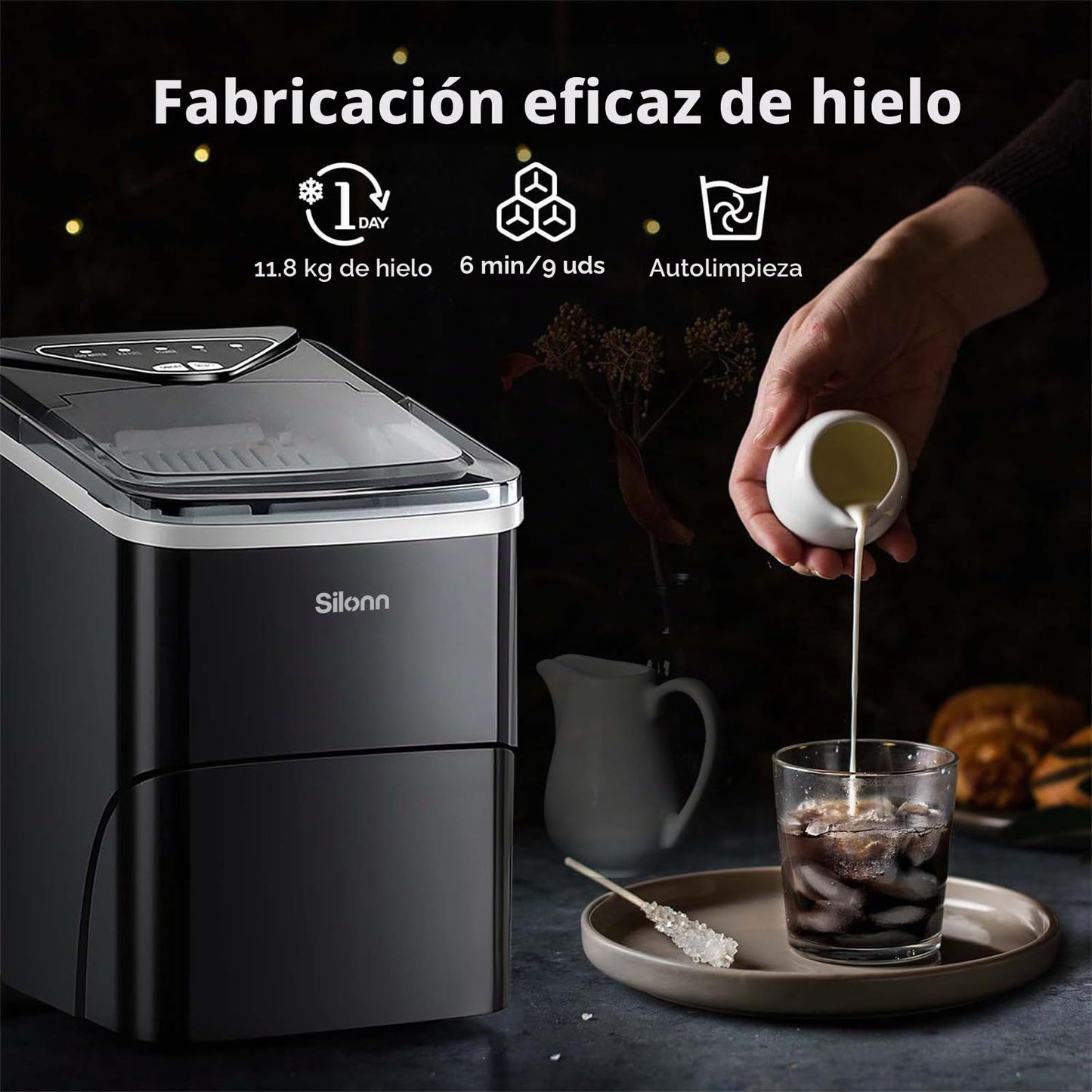 Silonn Encimera de máquina de hielo 9 cubos listos en 6 minutos, 11 kg en 24 horas, máquina de hielo autolimpiable con pala de hielo y cesta, 2 tamaños de Bullet Ice para el hogar, cocina, oficina,
