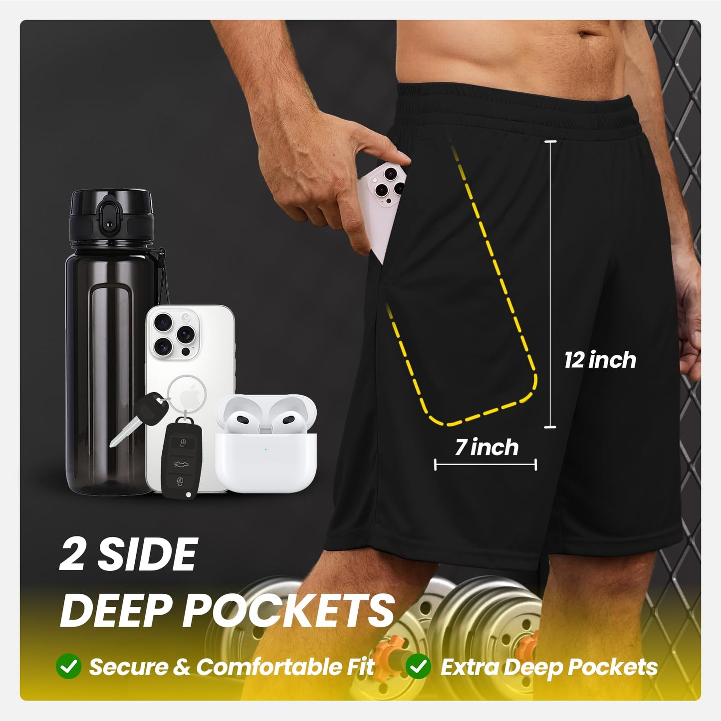 BALENNZ Pantalones Cortos Deportivos para Hombre con Bolsillos y Cintura elástica, Ropa Deportiva de Secado rápido, Paquete de 5 Unidades, Negro, Azul Marino, Gris Oscuro, Gris Claro, Large
