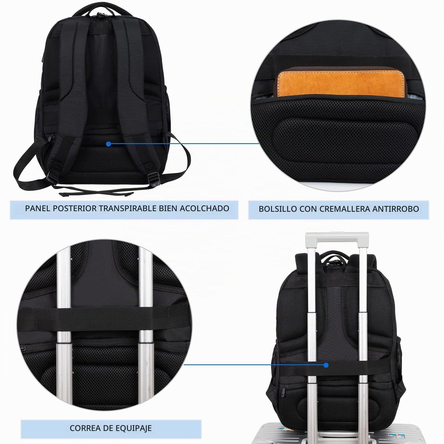 KROSER Mochila de viaje para portátil, Acolchado, negro, 43,18 cm, Mochilas Daypack