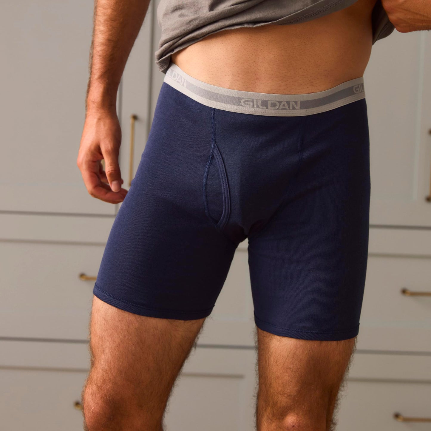 Gildan Calzoncillos Tipo bóxer con Pierna Normal, Multipack Ropa Interior de Hombres, Azul/Gris (Paquete de 5), L (Pack de 5)