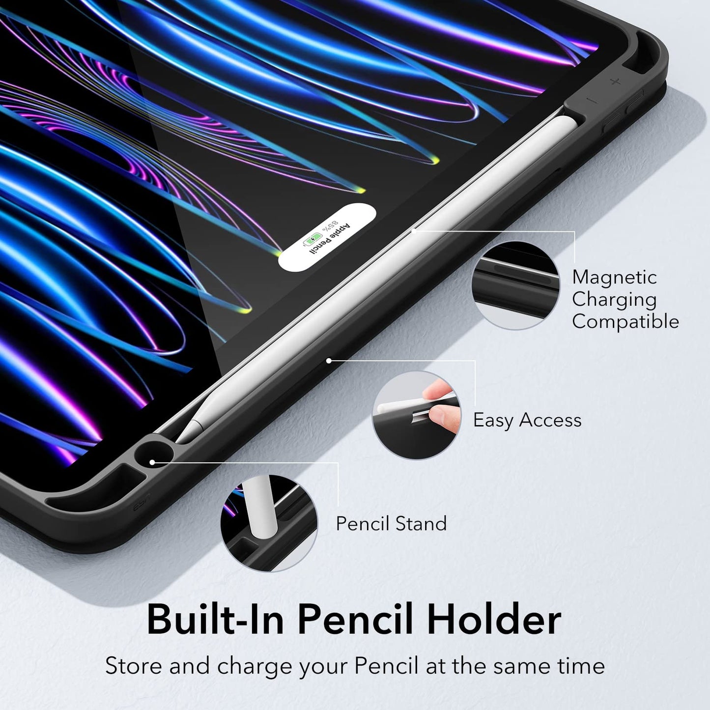 ESR Funda Compatible iPad Pro 11” (2022/2021,4ª/3ª Gen) con Portalápices, Soporte Pencil 2, Cubierta Trasera Flexible, Soporte Tríptico, Modo Automático de Reposo/Actividad, Serie Rebound, Negro