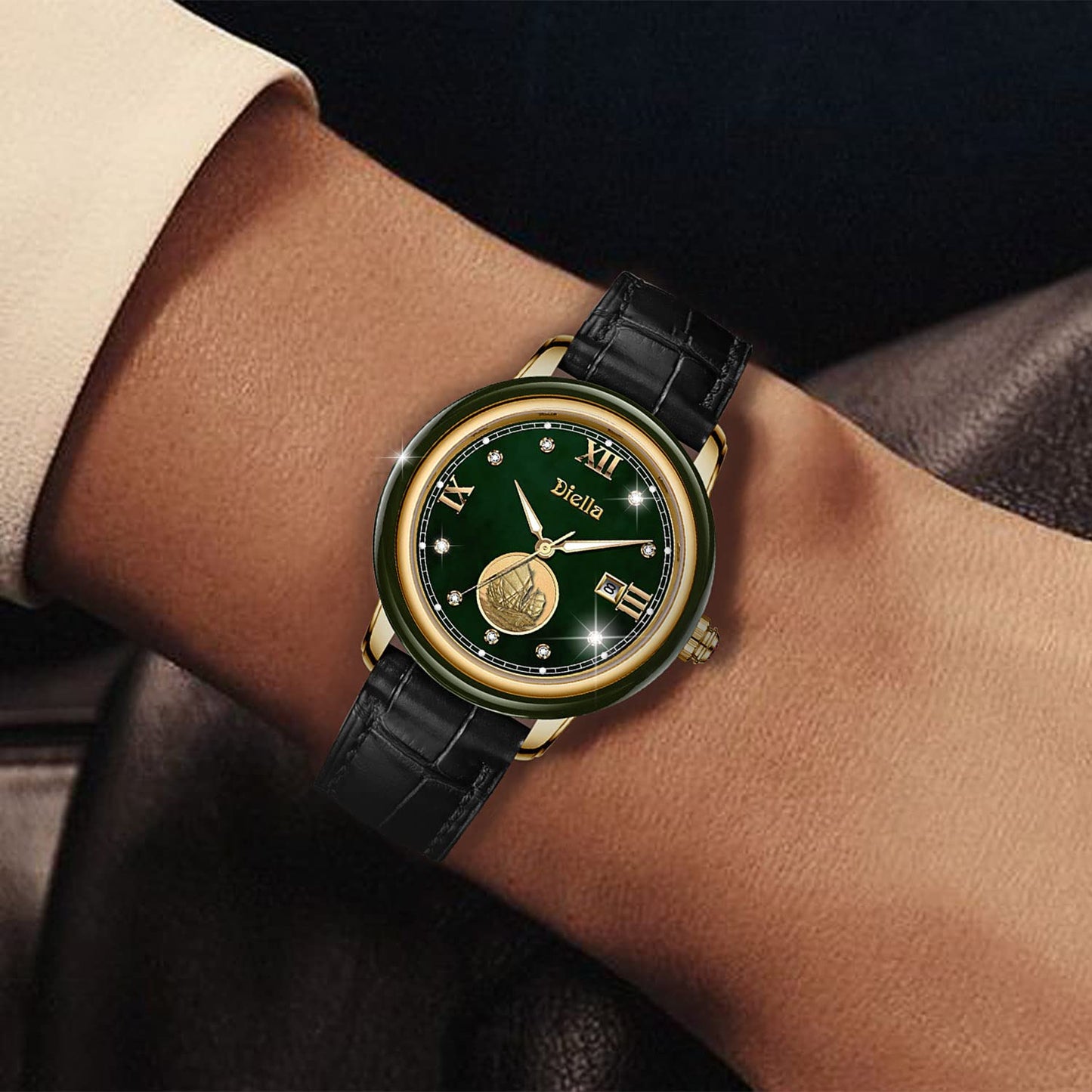 Diella Reloj impermeable para mujer, reloj de pulsera de cuero y movimiento de cuarzo japonés, relojes analógicos de moda, espejo de cristal de zafiro y circonitas de corona de rubí (AD5002L)