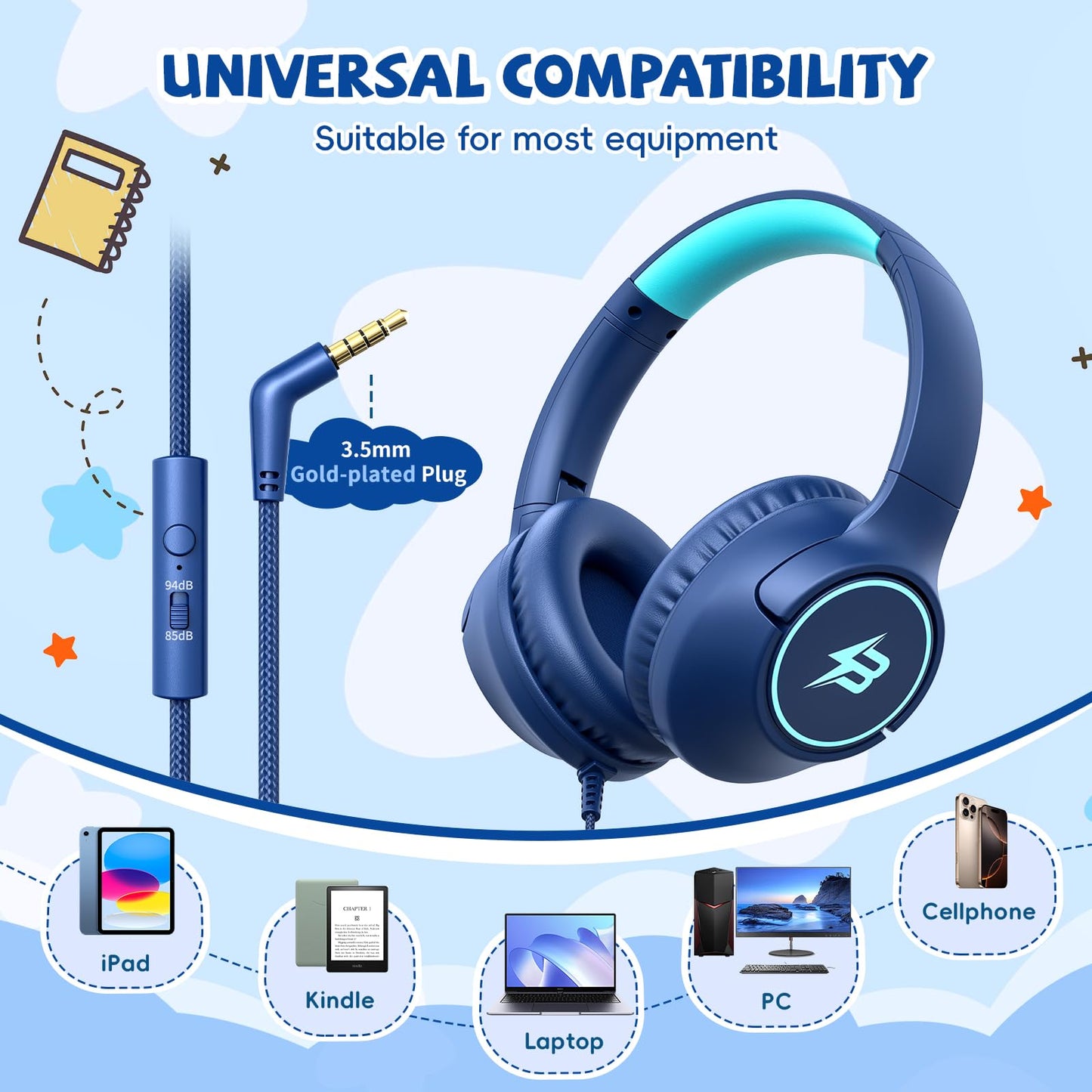 Auriculares para niños con cable para la escuela, límite de volumen de 85/94 dB, auriculares con cable para niños y niñas con micrófono, sonido estéreo, conector de 3,5 mm para Kindle, tablet, viajes