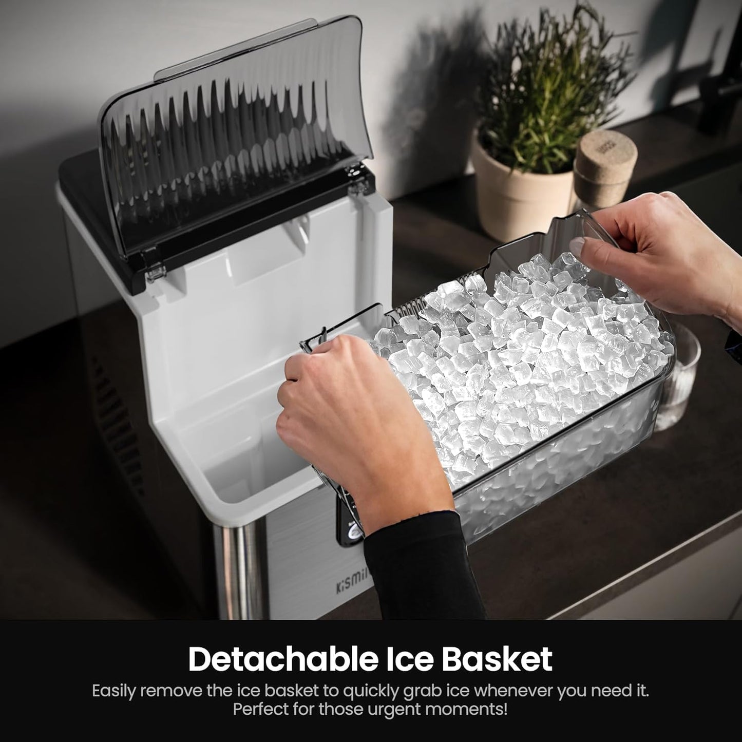 Kismile Máquina de hielo de pepitas para encimera, máquina de hielo portátil con hielo triturado, 35 libras/día, autolimpieza, operación con un solo clic para uso doméstico (plata)
