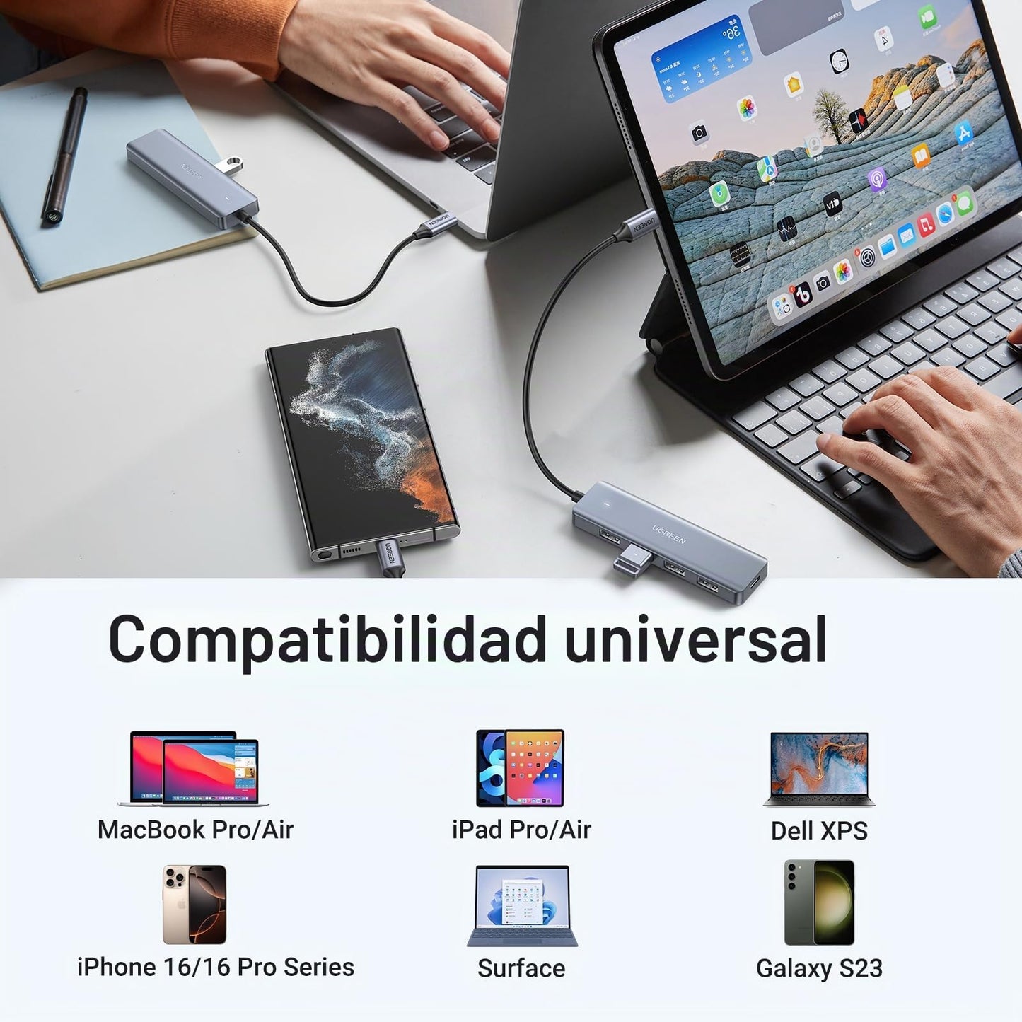 UGREEN Hub USB C a USB A con 4 USB 3.0 para laptop, MacBook Pro/Air, Mac mini M4, iMac, iPad Pro, Chromebook, Dell XPS, Galaxy S23 y más, 0.5 pies