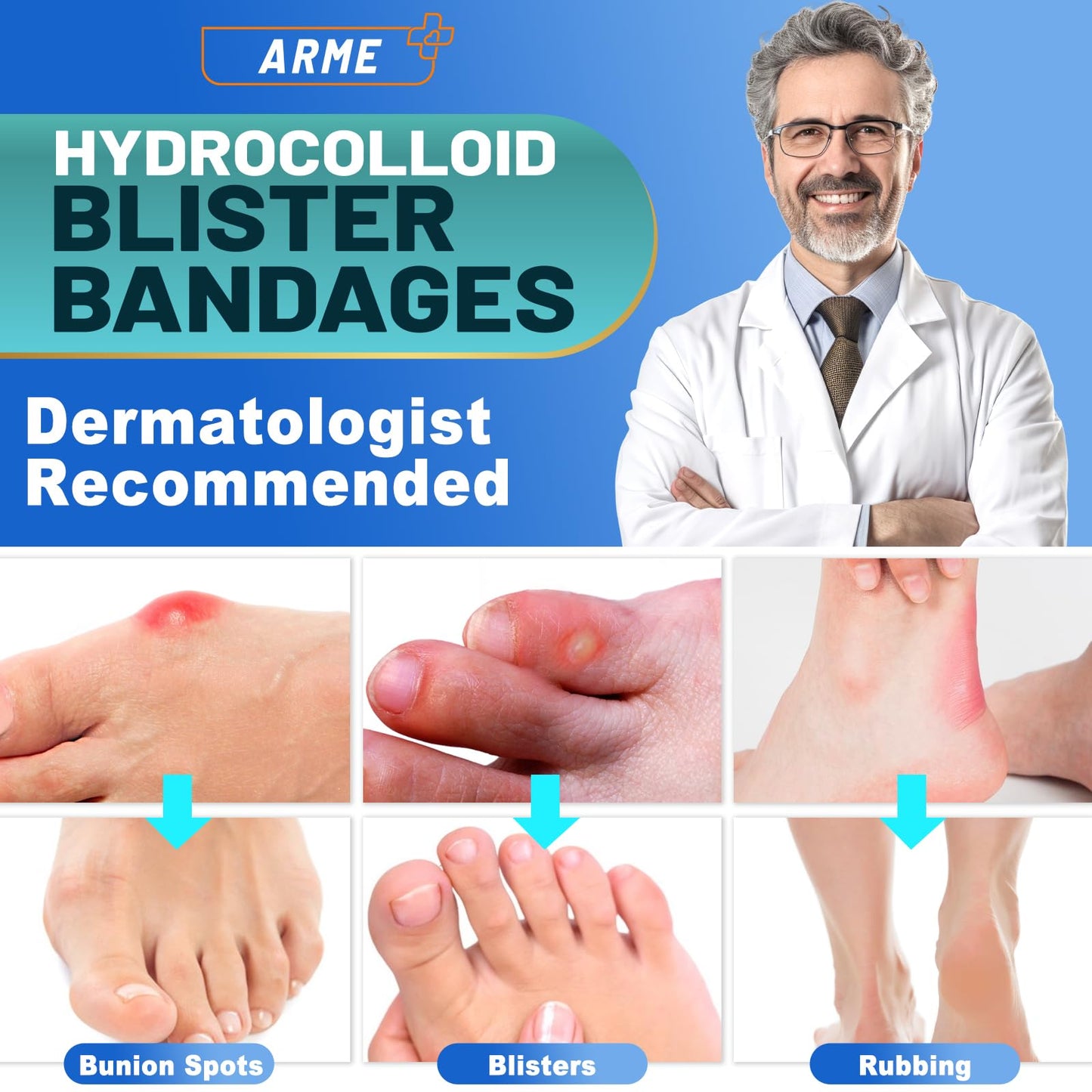Arme Vendas hidrocoloides, 50 vendas de gel para ampollas para pies, almohadillas impermeables para ampollas para prevención y recuperación, vendas contra ampollas para protección del talón, pies y