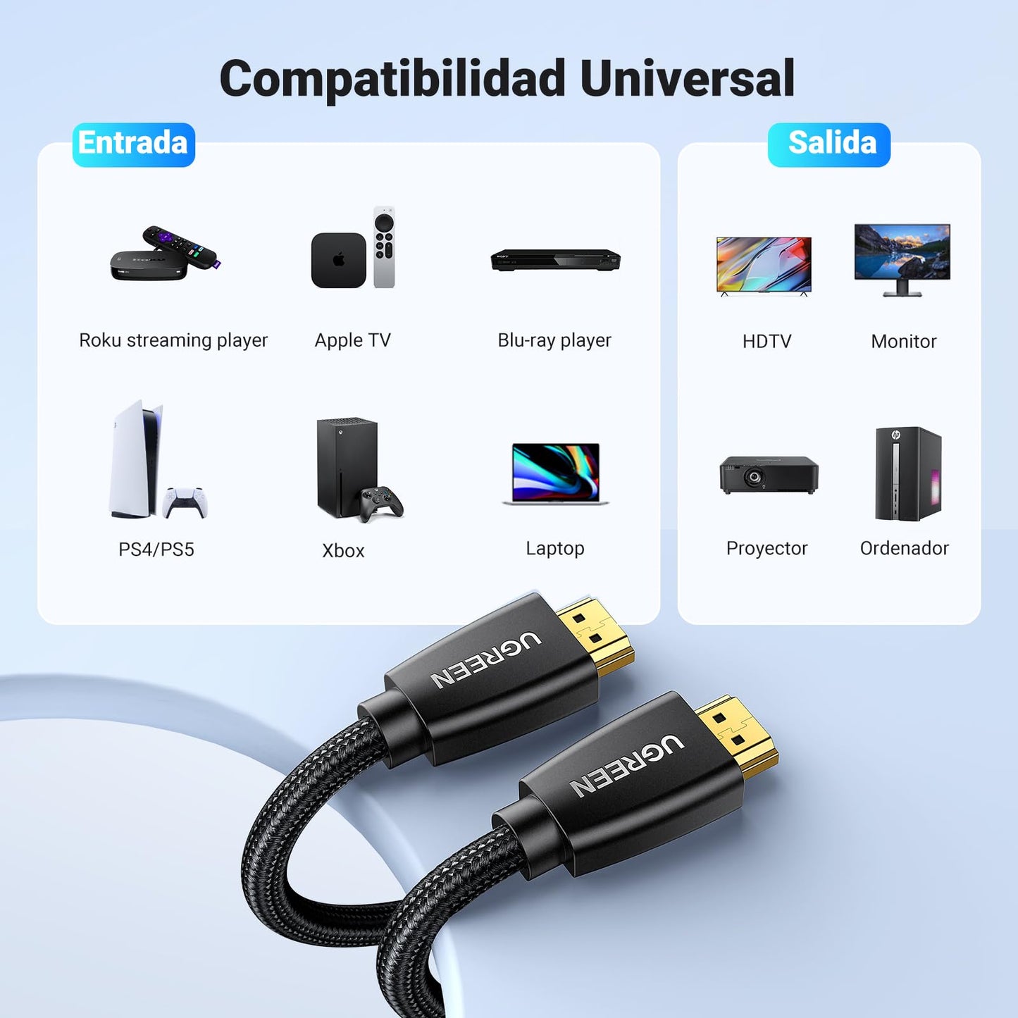 UGREEN Cable HDMI 4K 60Hz UHD 2.0 Alta Velocidad 18Gbps con Ethernet 3D HDR ARC Dolby Vision Compatible con PS5 PS4 Xbox Barra de Sonido Blu-Ray TV Nylon Trenzado, 2M
