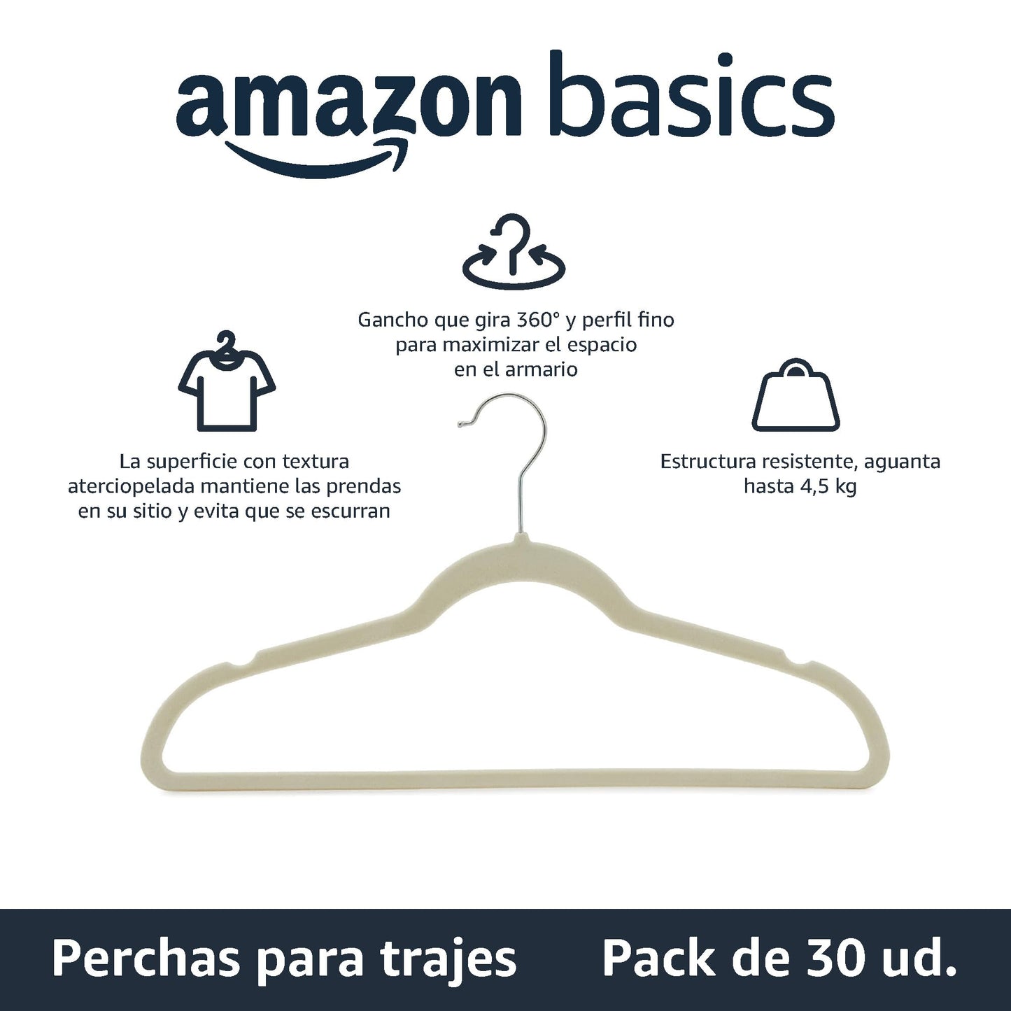 Amazon Basics Perchas de Terciopelo para Trajes, Paquete de 30, Plateado/Marfil