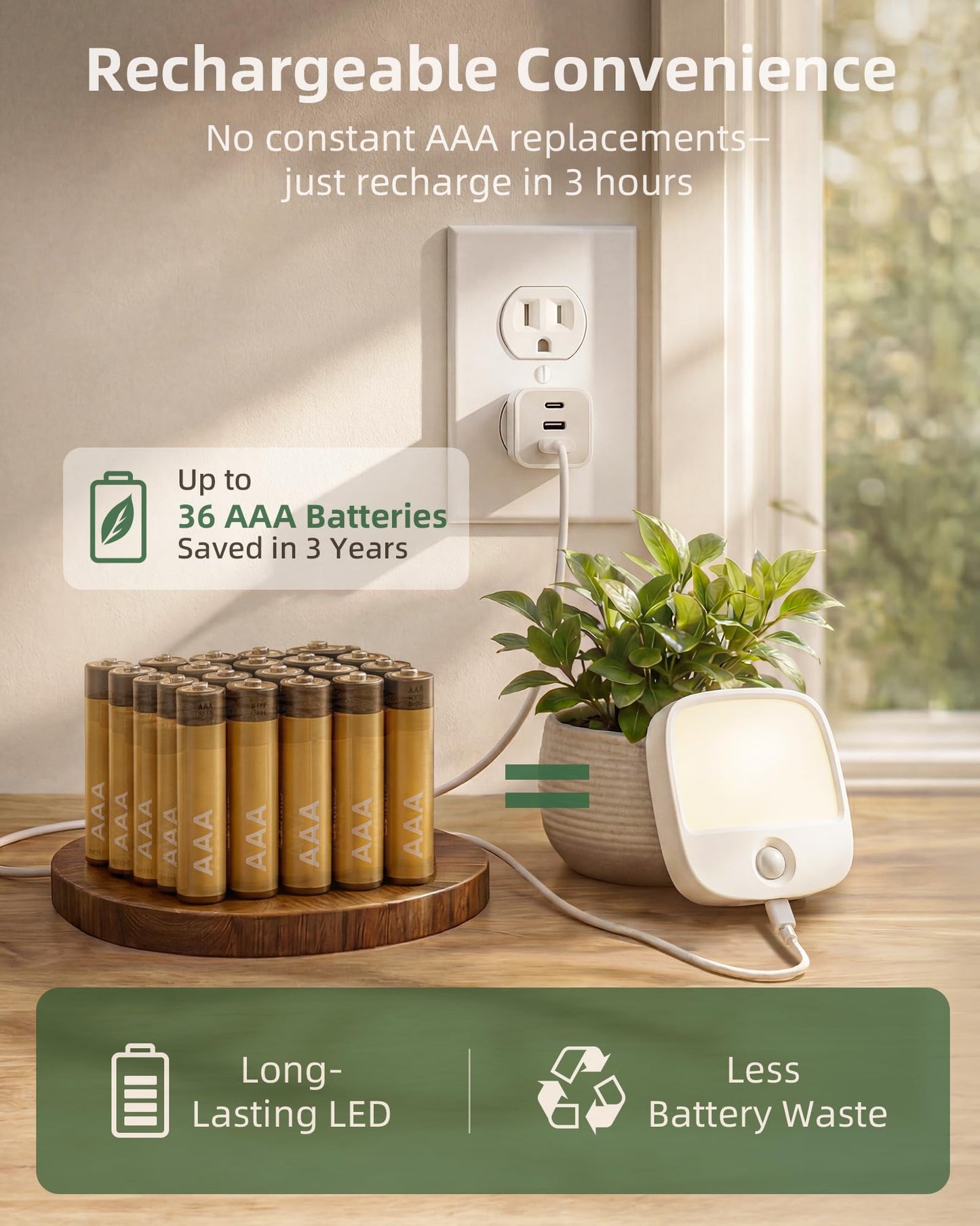 EZVALO - Paquete de 2 luces LED recargables nocturnas con sensor de movimiento, luz nocturna para bebés, luz nocturna de noche de noche de luz blanca cálida regulable para adultos, habitación de niños