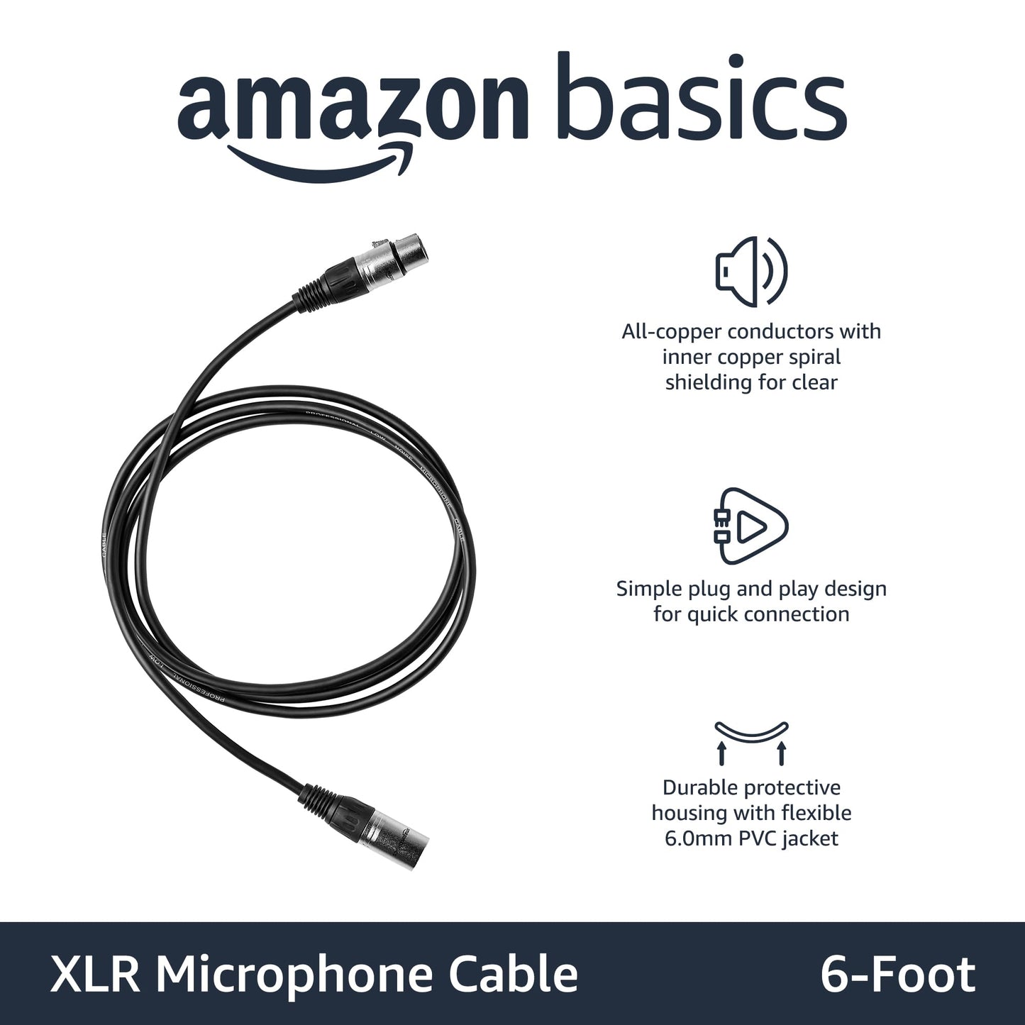Amazon Basics - Cable XLR macho a hembra para micrófono, 1,8 metros