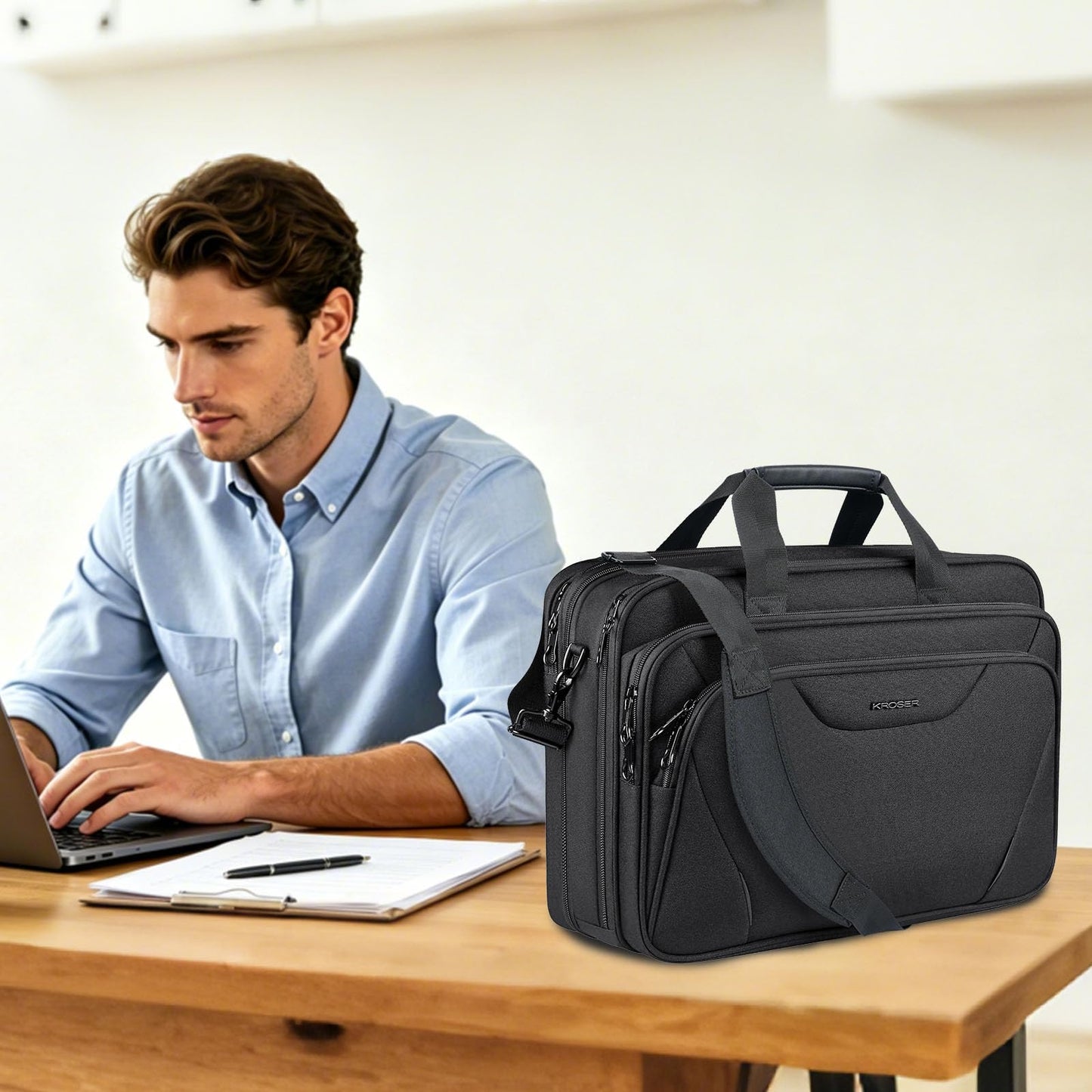 KROSER 18" Bandolera para Portátil Maletín Premium para Laptop hasta 17.3" Expandible Hidrófugo Bolsa del Hombro Bolsa de Computadora para Viajes/Negocios/Escuela/Hombres/Mujeres-Negro
