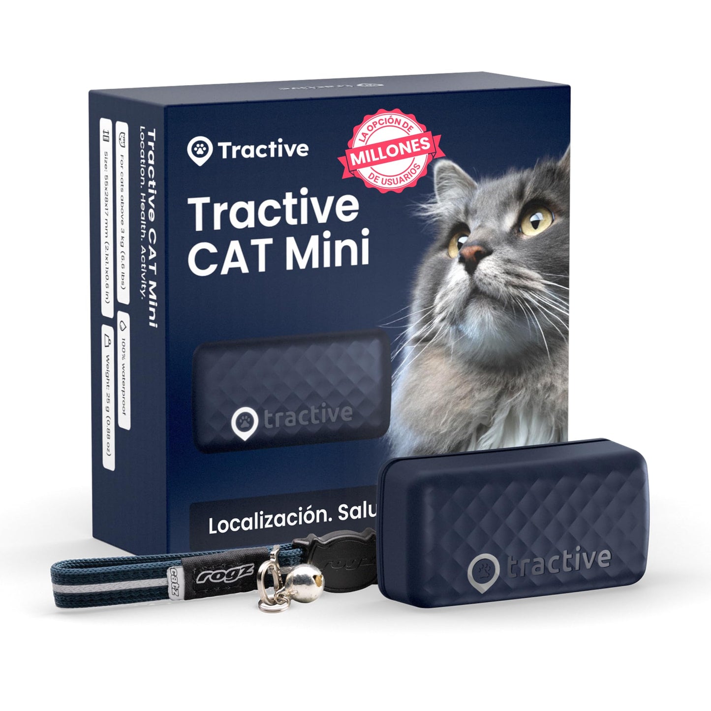 Tractive - Collar gato GPS Mini, Localización en tiempo real, Historial de ubicaciones, Avisos de salud, Monitor de actividad, Collar incluido
