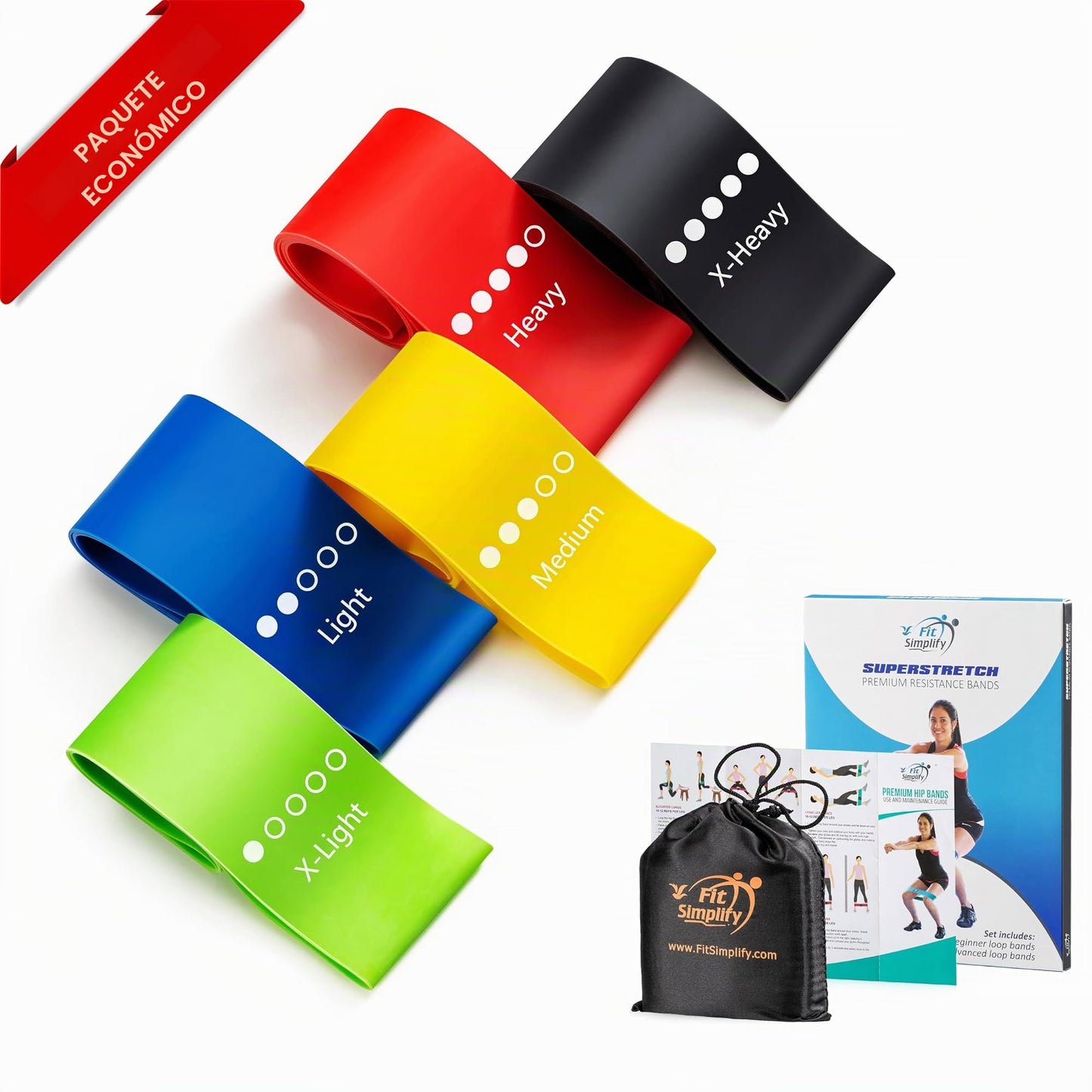 Fit Simplify Bandas de Resistencia Instrucciones (Pueden no Estar en español). Bolsa de Transporte, Libro electrónico y vídeos de Entrenamiento en línea, 5 Unidades.