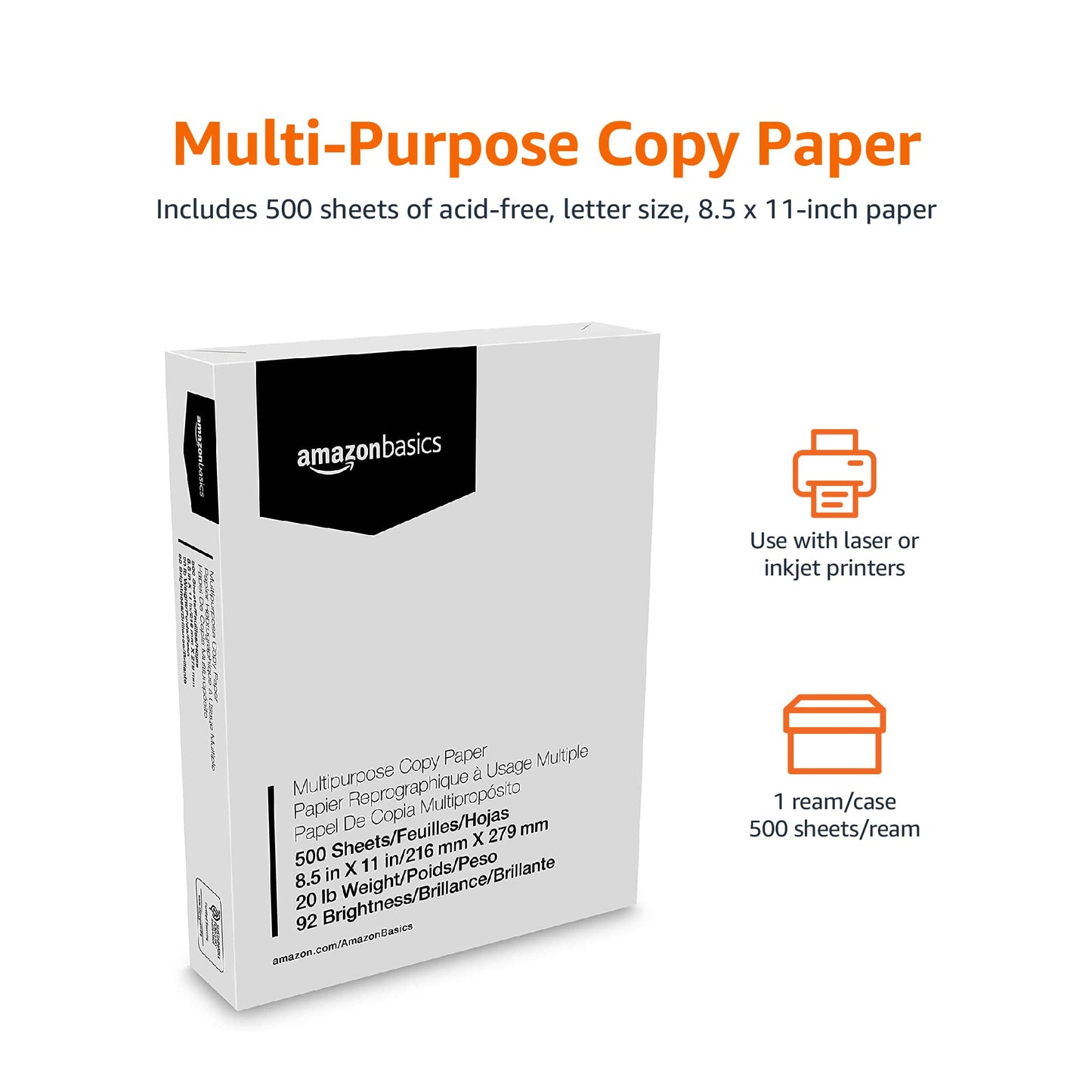 Amazon Basics – 92 brillante multiusos copia papel – 8,5 x 11 pulgadas, color blanco 1 Ream