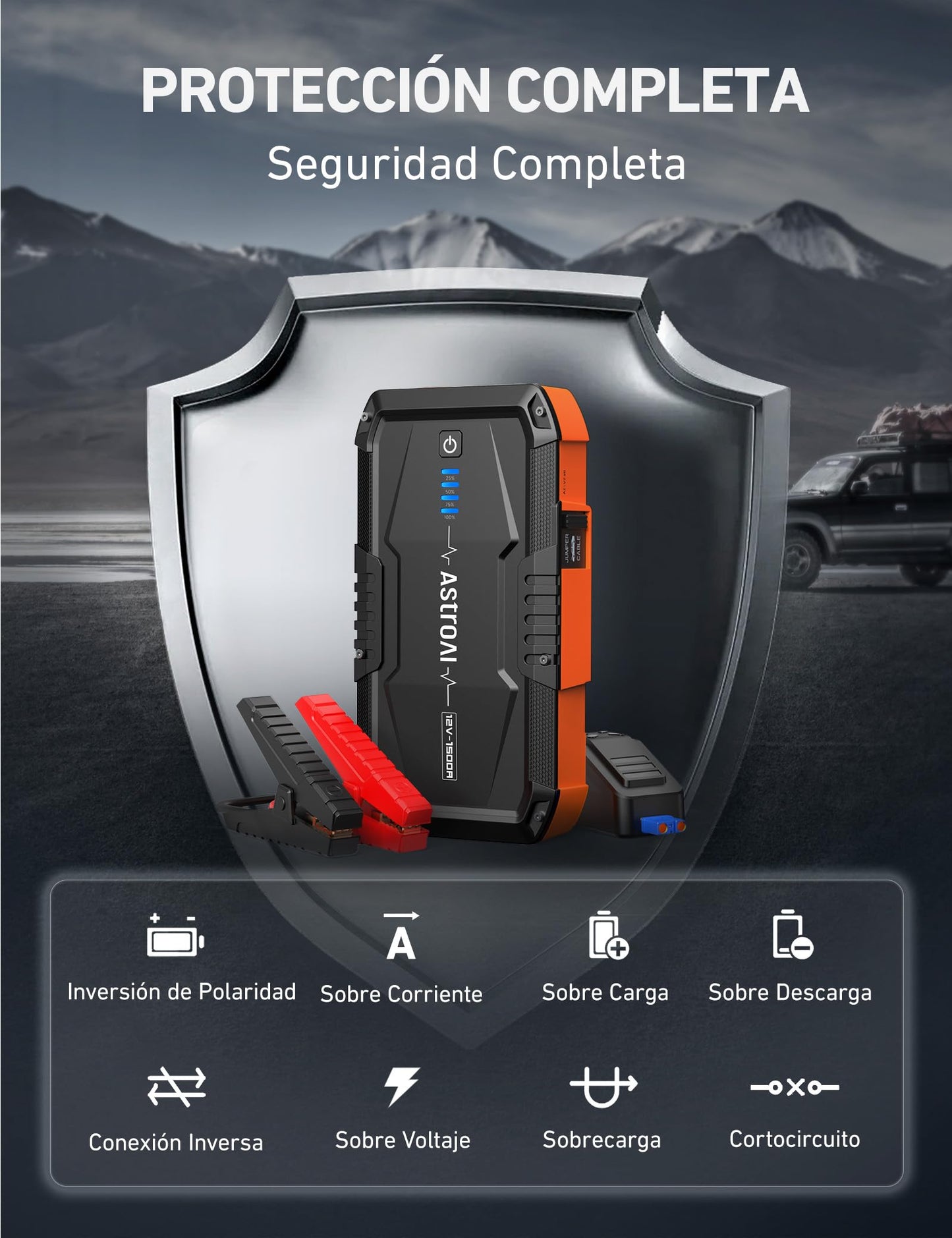 AstroAI Arrancador de Baterias de Coche 1500A 12V con Cargador de Pared para Motores de Gasolina de hasta 6,0L y Motores Diesel de hasta 3,0L con 3 Modos de Luz y Cable de Arranque